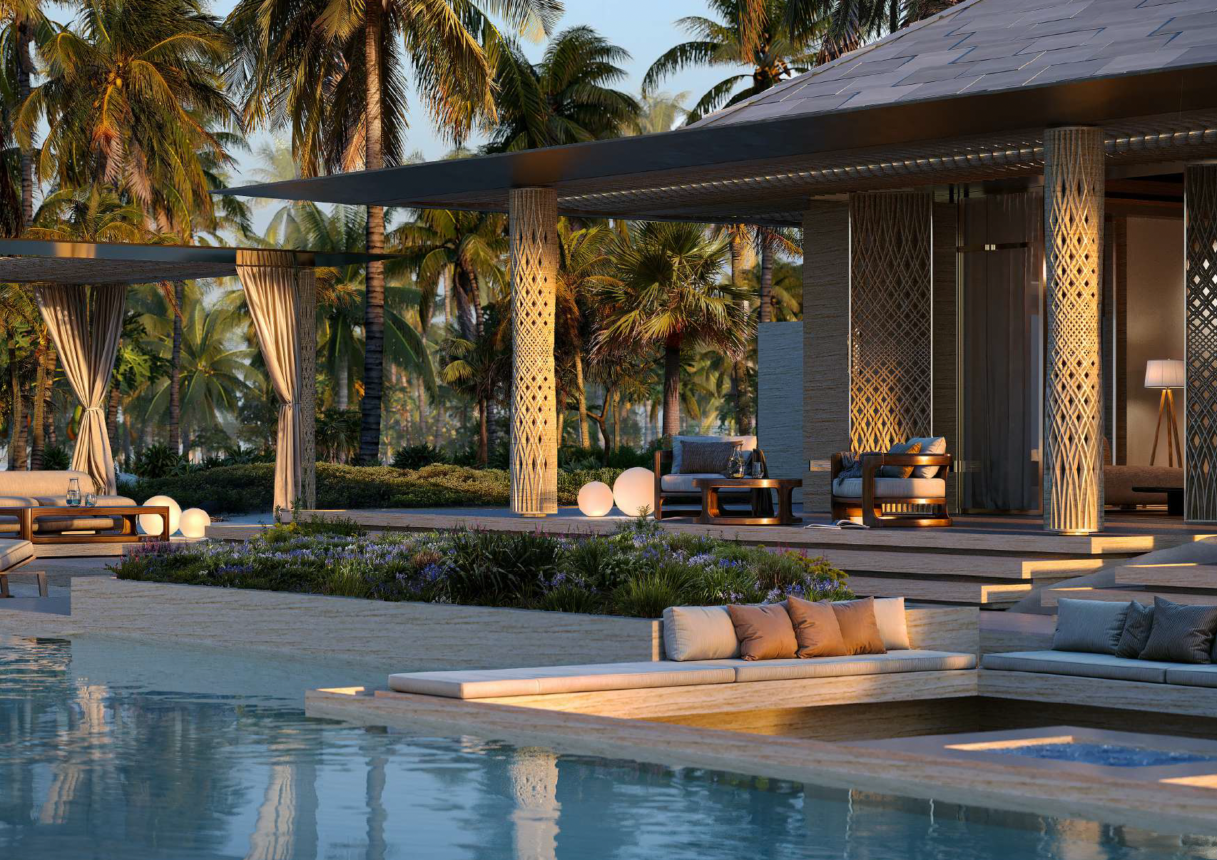 Luxury modern outdoor living space with a pool, tropical palm trees, and stylish seating area at sunset.