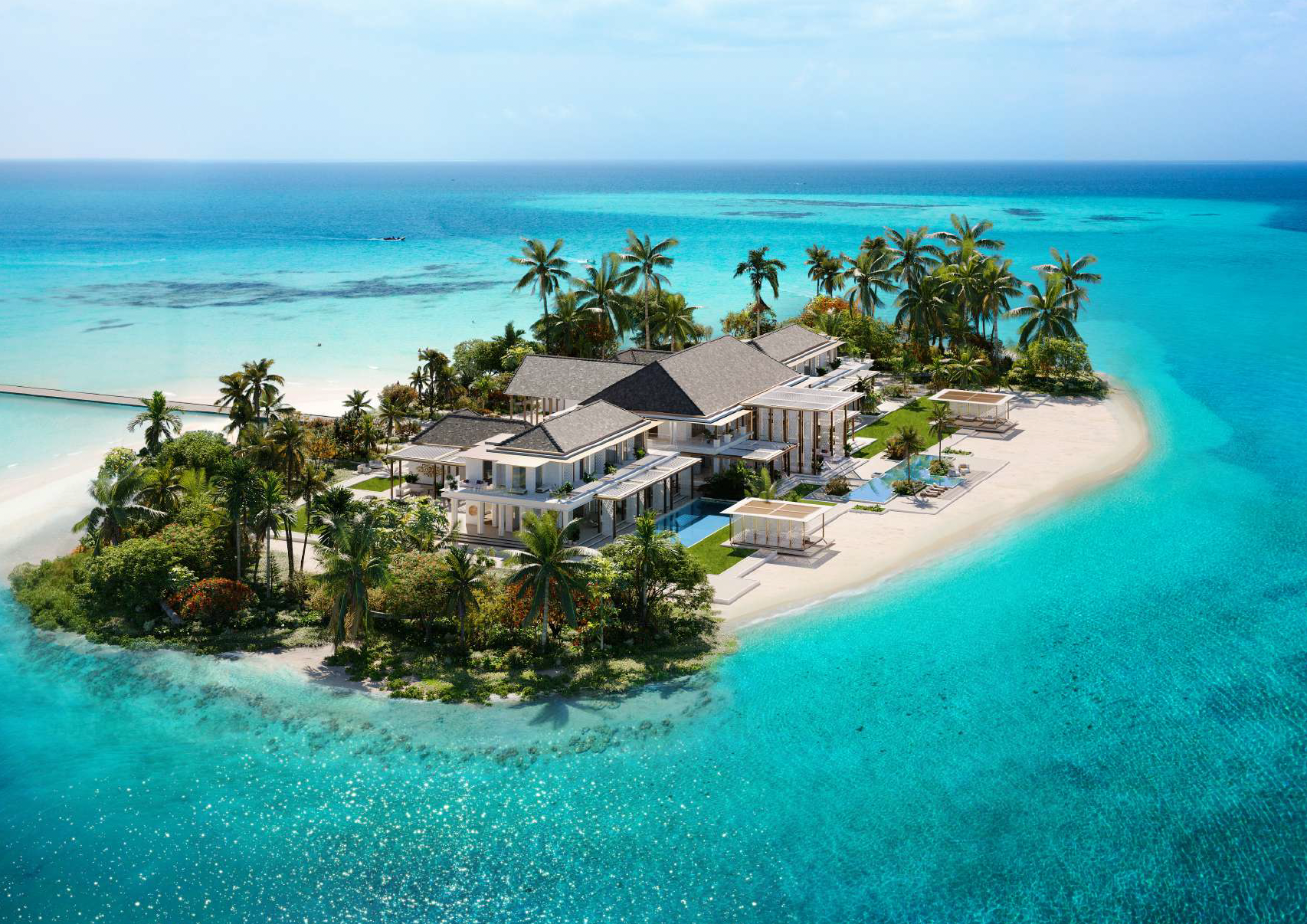 A luxurious island resort with modern white buildings, surrounded by turquoise waters and palm trees.