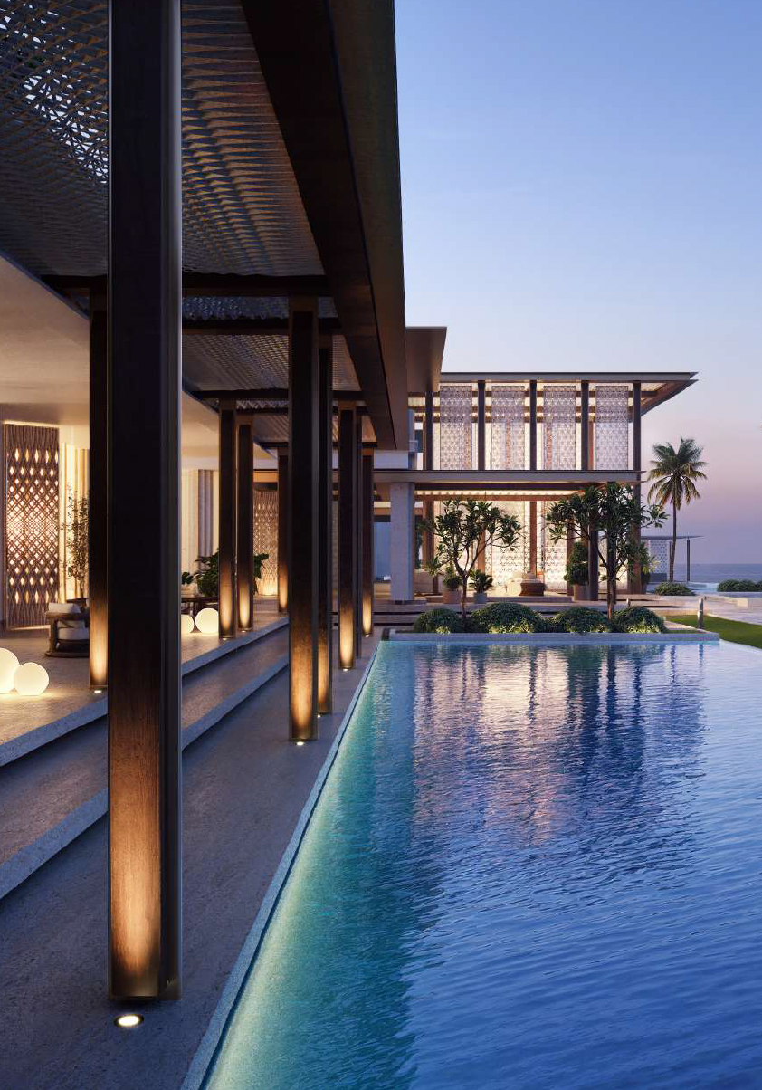 Luxury modern house with an infinity pool, outdoor seating area, potted plants, and palm trees near the ocean during sunset.