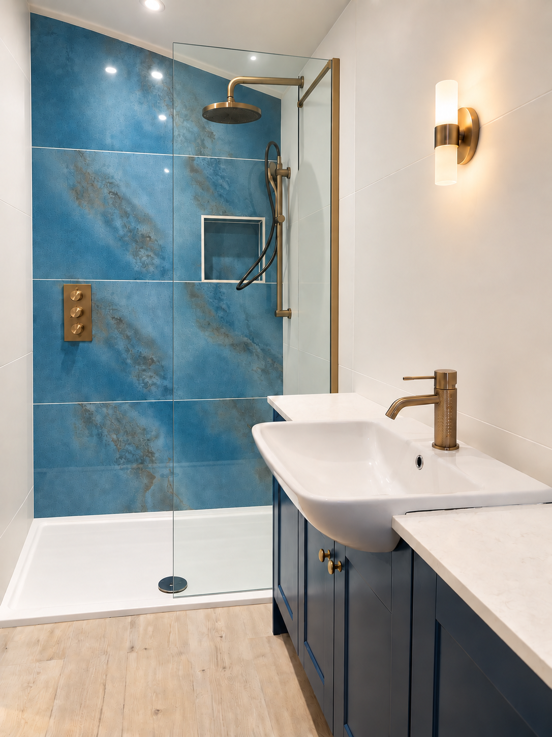 A striking bathroom fit-out built around a statement blue marble-effect shower wall, paired with brushed brass fittings including a rainfall shower head, thermostatic controls, and tapware. A navy vanity unit with white countertop and a wall-mounted 