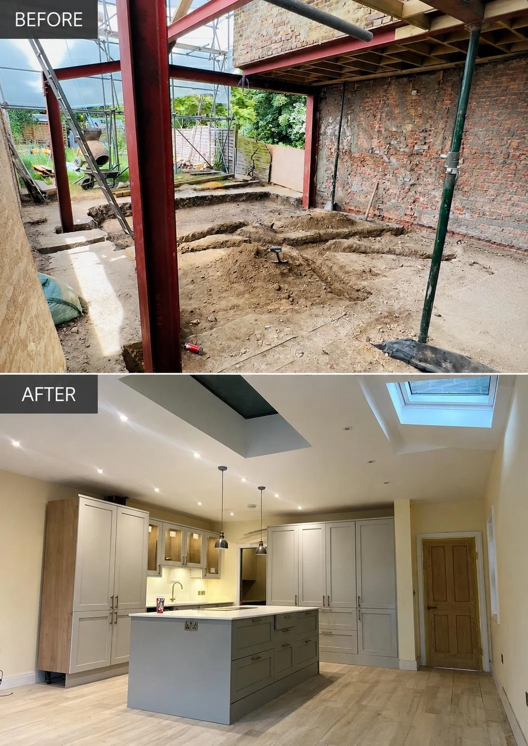 Kitchen Extension

A full rear extension and kitchen build-out, taken from foundations and structural steelwork to a bright, finished family kitchen. The completed space features a large flat-glass roof lantern and skylight for natural light, a shake