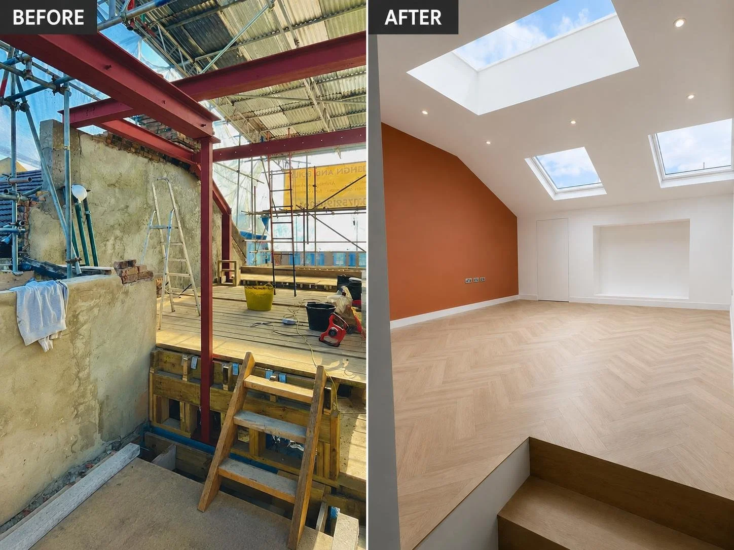 A full loft conversion transforming an exposed roof space into a bright, finished room. The completed space features three skylights flooding the vaulted ceiling with natural light, a bold terracotta feature wall against crisp white walls, herringbon