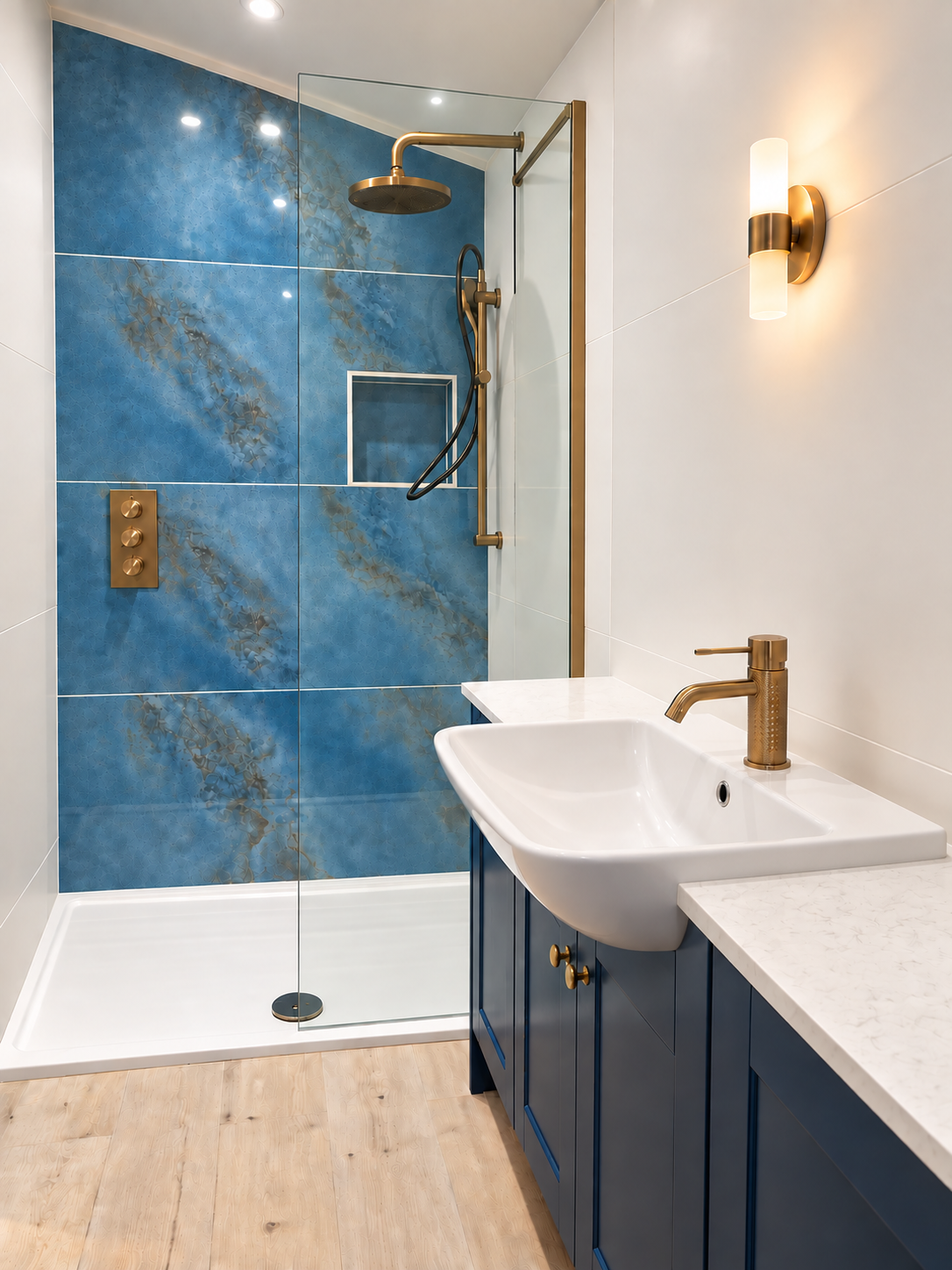 A stylish modern bathroom featuring striking blue shower tiles, elegant brushed gold fixtures, a bespoke navy vanity, and sleek finishes for a luxurious, contemporary look.