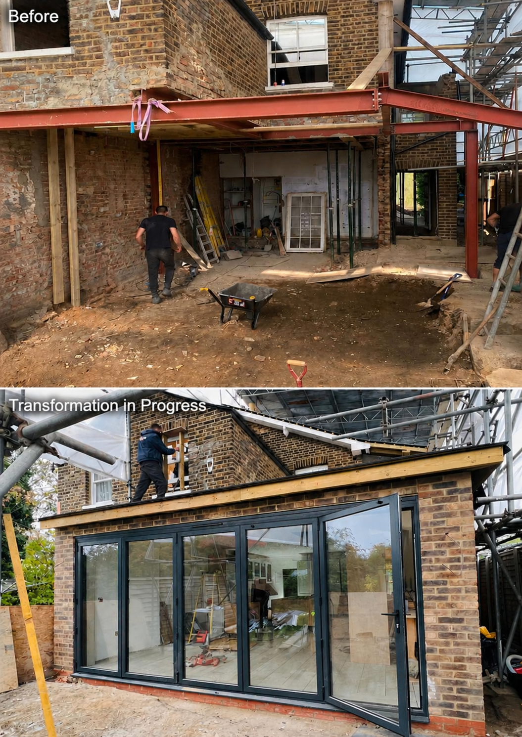 A full single-storey rear extension built from the ground up, from initial groundworks and structural steelwork through to a finished brick-built structure. The completed space features full-width anthracite grey aluminium bi-fold doors, flooding the