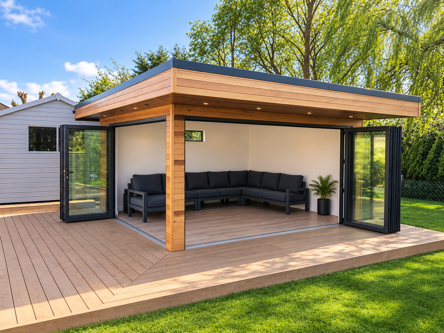 Contemporary garden room featuring natural timber cladding, full-width bi-folding doors, a stylish lounge area and spacious decking overlooking a landscaped garden.