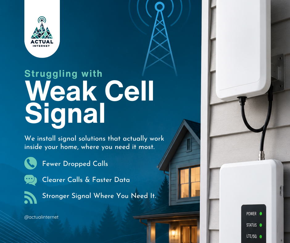 An advertisement promoting signal solutions for weak cell signals, featuring a house exterior with a cellular signal booster and a telecom tower icon.