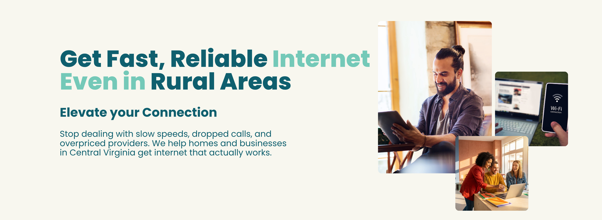 A promotional webpage for reliable internet in rural areas. Features a man using a tablet, a hand holding a phone with Wi-Fi signal, and two women working on a laptop, highlighting fast internet access.