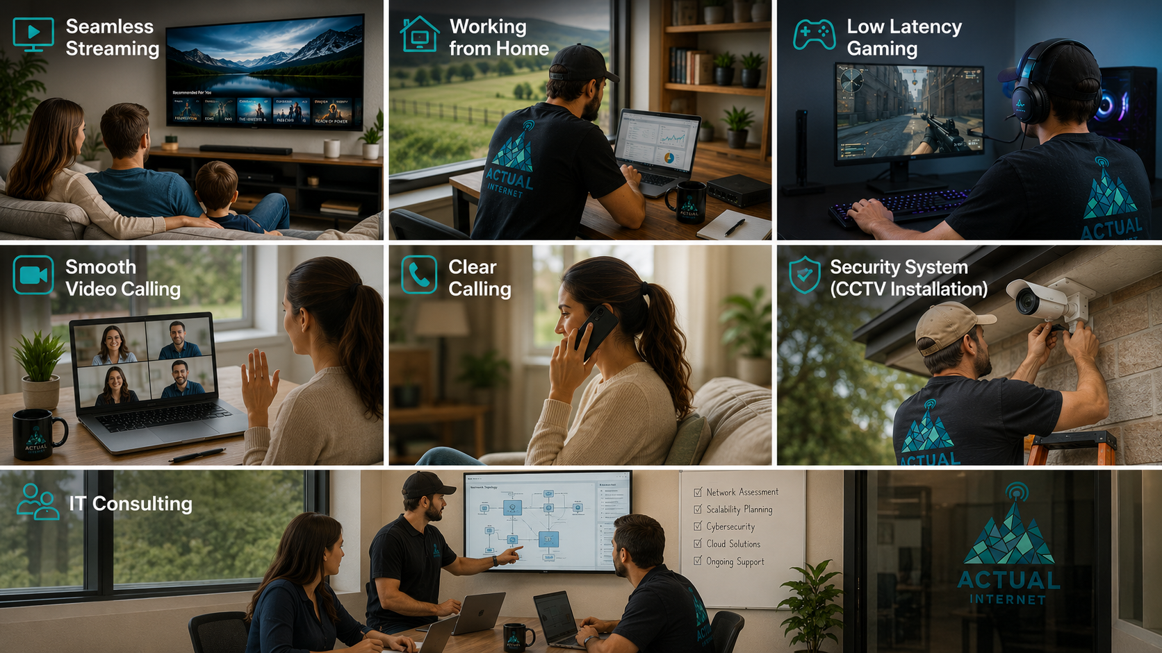 Multiple scenes of people using technology for internet and security: family watching streaming TV, person working remotely, gamer gaming with headphones, woman on video call, woman on phone, technician installing security camera, team in IT meeting, and a logo for ACTUAL Internet.