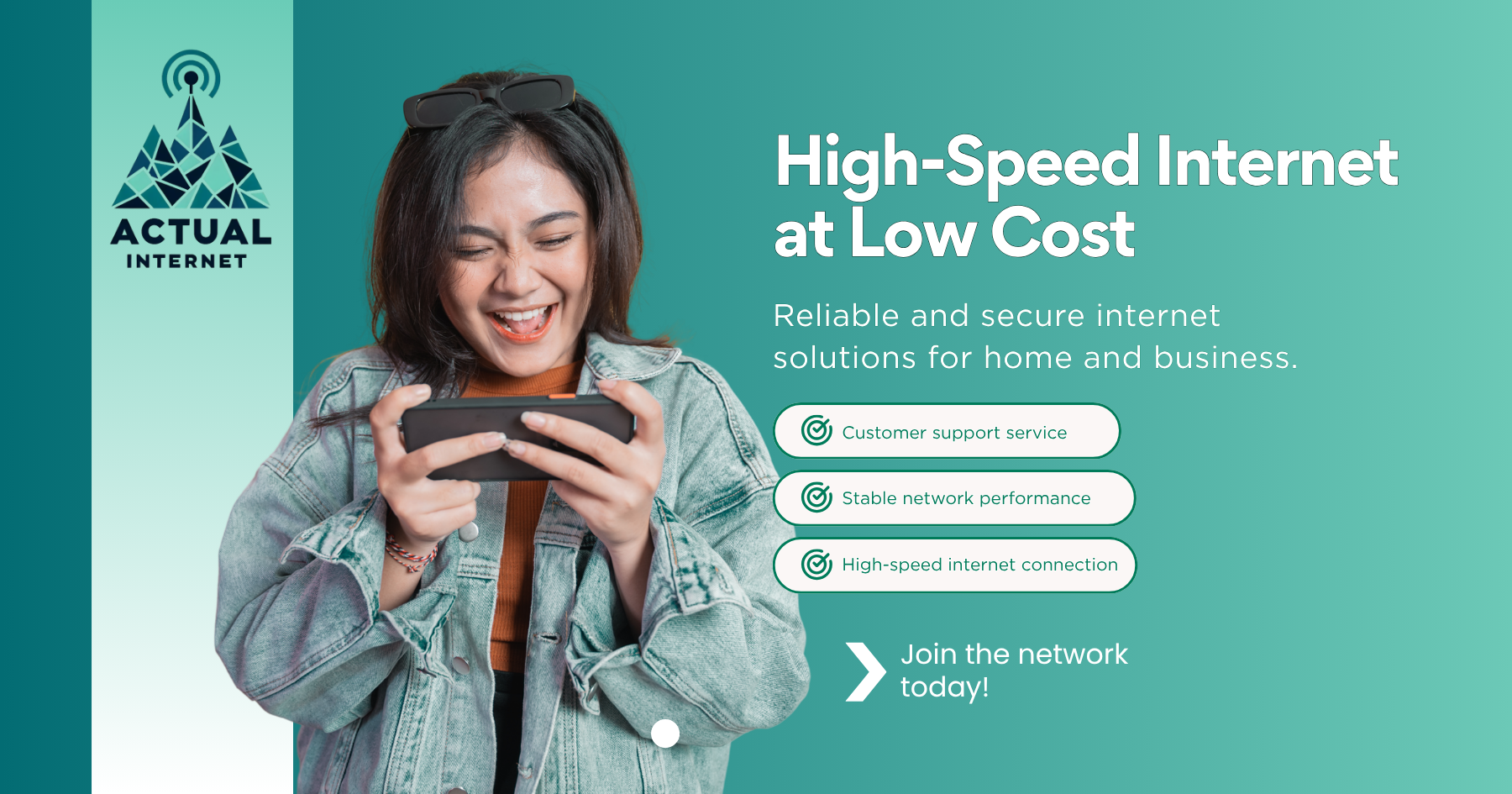A young woman smiling and looking at her phone, wearing sunglasses on her head, standing against a teal background with text about high-speed internet services.
