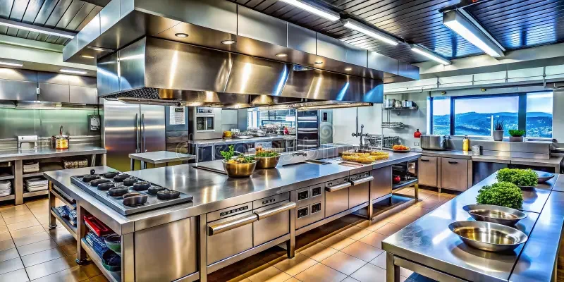 spotless-restaurant-kitchen-showcases-pinnacle-commercial-design-emphasizing-both-aesthetic-appeal-rigorous-food-354113410.webp
