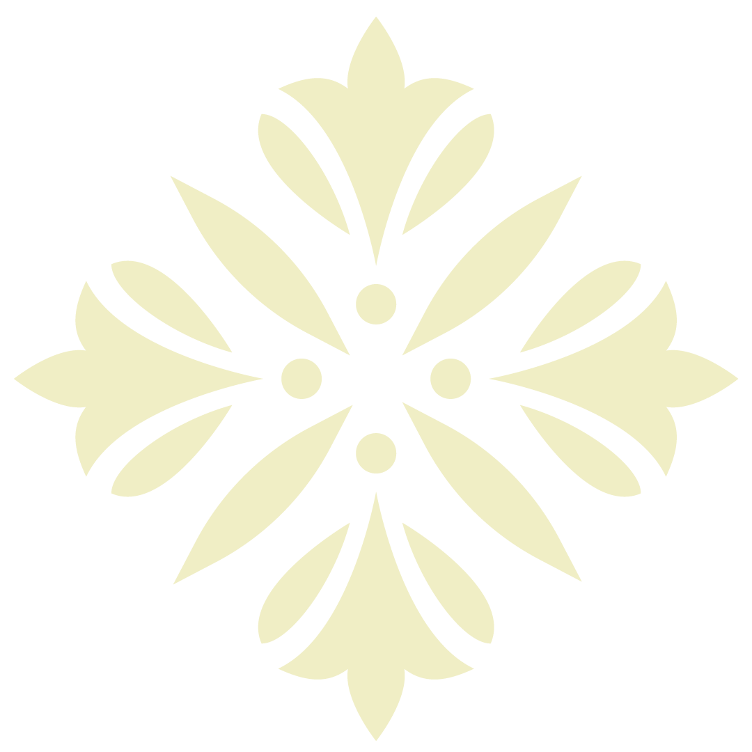 Decorative symmetrical floral design in cream color on a black background.