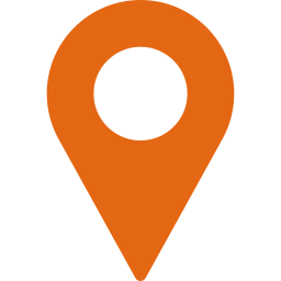 An orange location pin icon on a black background.