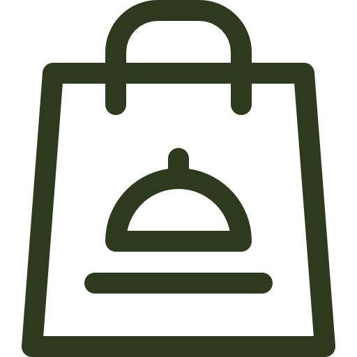 Outline of a shopping bag with a backpack icon inside.