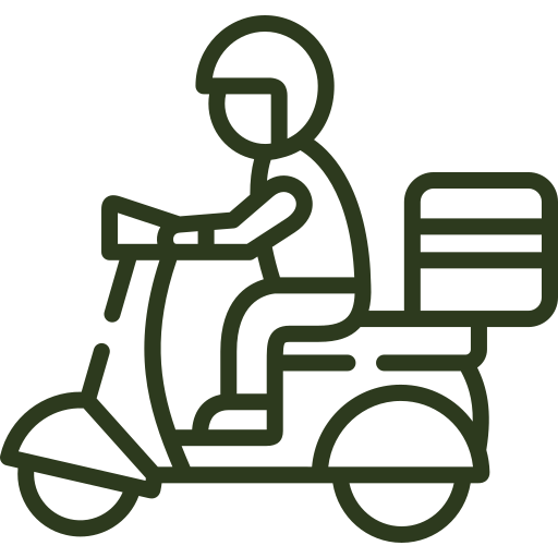 Outline drawing of a person riding a mobility scooter with a rear basket.