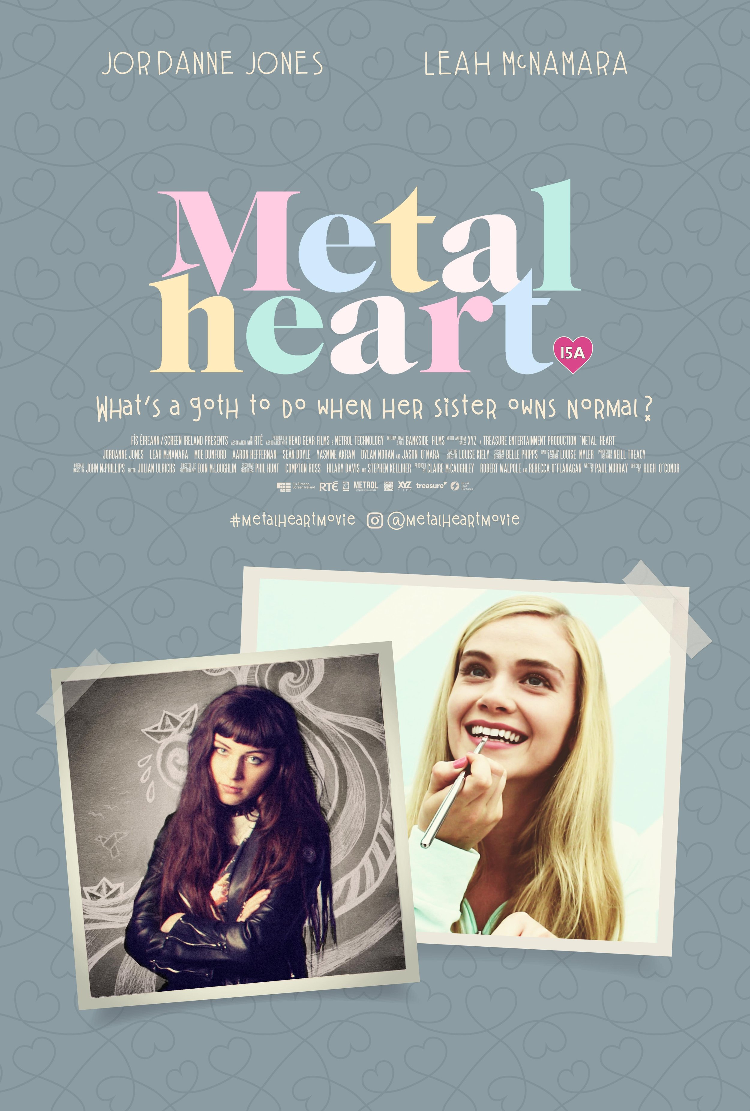 A promotional poster for the movie "Metal Heart" featuring the names Jordanne Jones and Leah McNamara. The poster has a light blue background with a pattern of hearts. It displays the movie title in pastel colors and two photos of young women, one wi