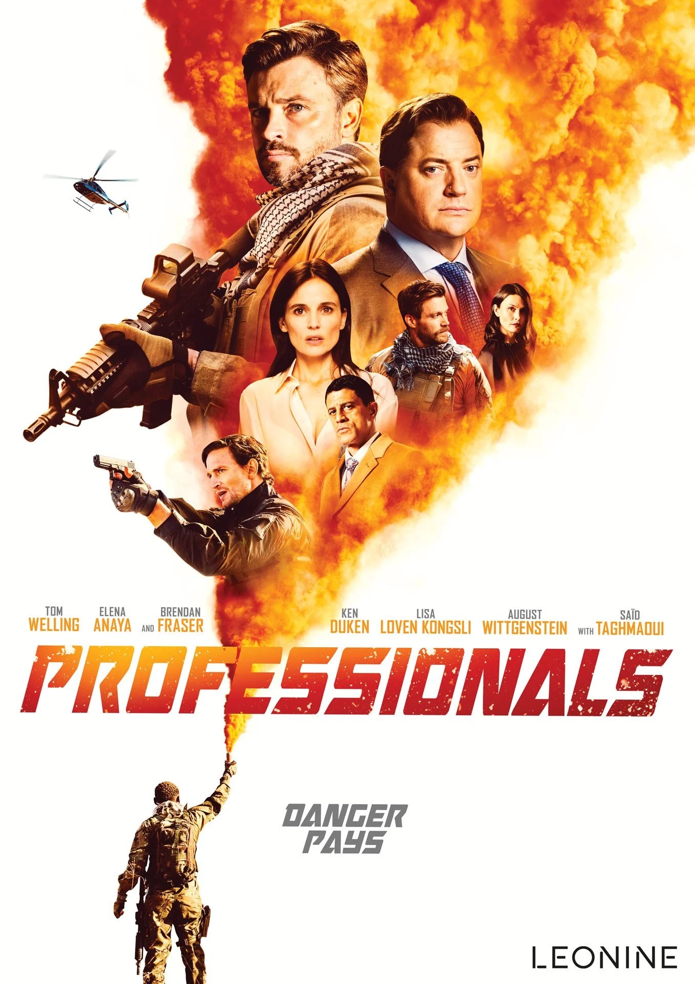 Movie poster for 'Professionals' with a military theme, featuring a group of people with serious expressions. The background has an explosion with flames and smoke, a helicopter flying on the left, and a soldier at the bottom holding a rifle. The tit