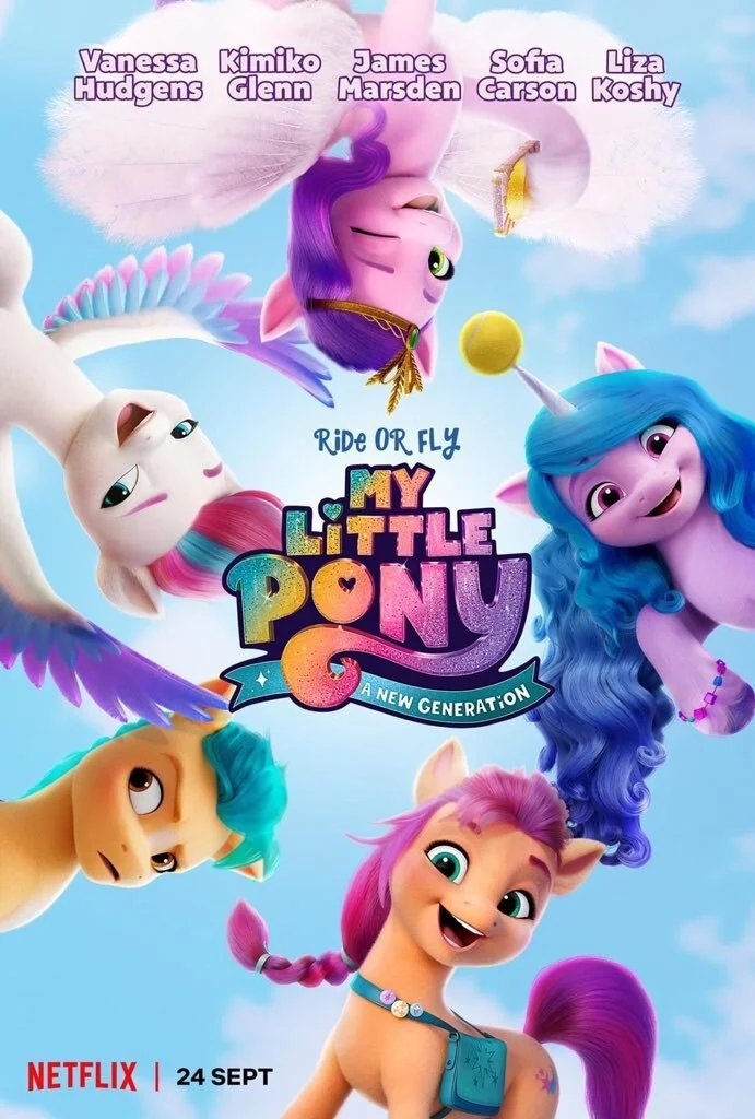 Colorful poster for the animated movie 'My Little Pony: A New Generation,' featuring five illustrated ponies with vibrant hair and wings, set against a sky background. The title is center, with the phrase 'Ride or Fly' above and the release date 'Sep