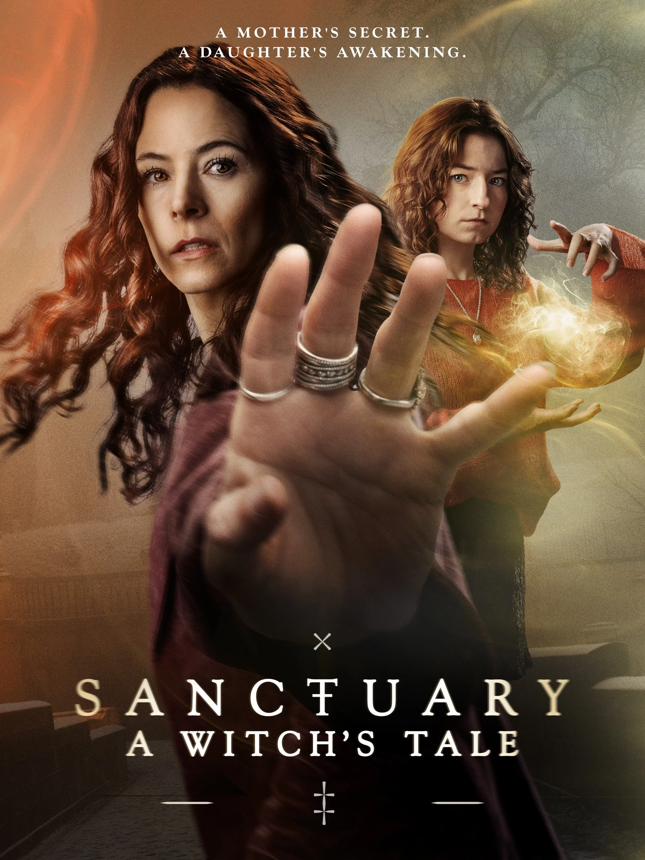 Movie poster for 'Sanctuary: A Witch's Tale' showing two women with long curly hair, one with red hair and the other with brown hair, with a mystical and enchanted background and magical light effects around their hands.