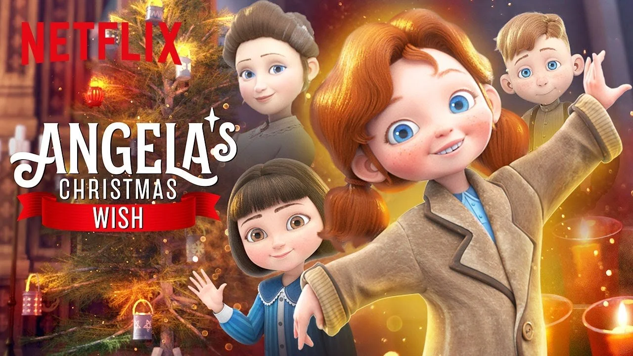 Cover art for the Netflix animated film 'Angela's Christmas Wish' featuring animated characters of Angela and two children celebrating Christmas around a decorated tree with lights and candles.