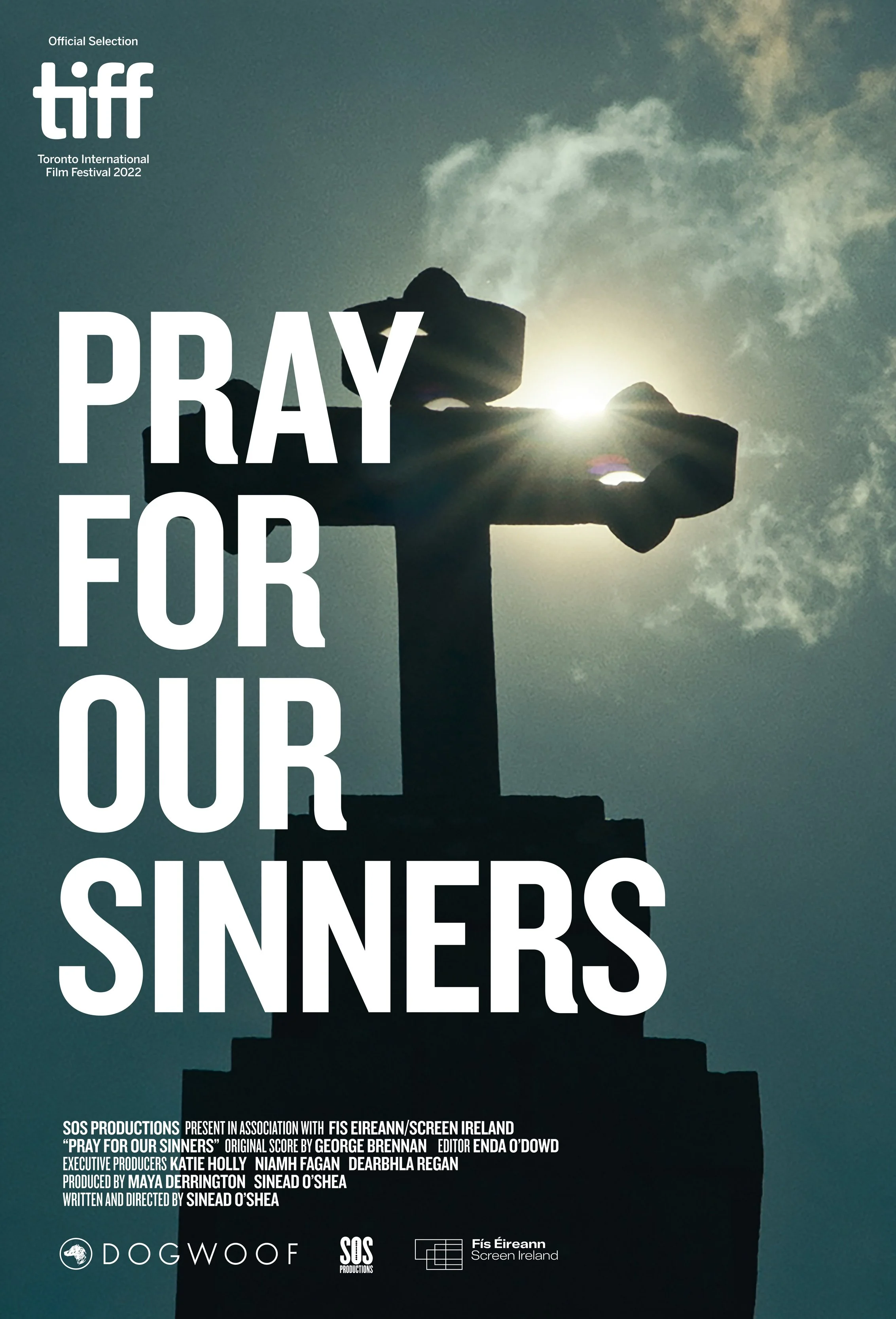 A silhouette of a wooden cross against a cloudy sky with the sun shining behind it, containing large white text that reads 'Pray for Our Sinners'.
