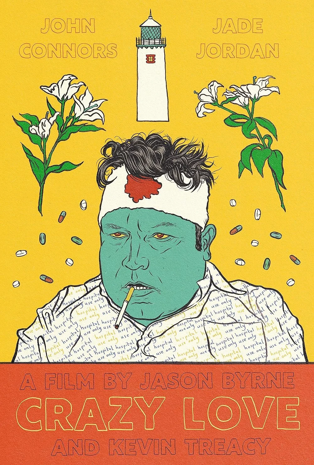 Illustration of a person with green skin, messy hair, smoking a cigarette, wearing a hospital gown with 'hospital use only' written all over it, a bandage on their head, and a red mark on their forehead. Two white lilies are on either side, with a li