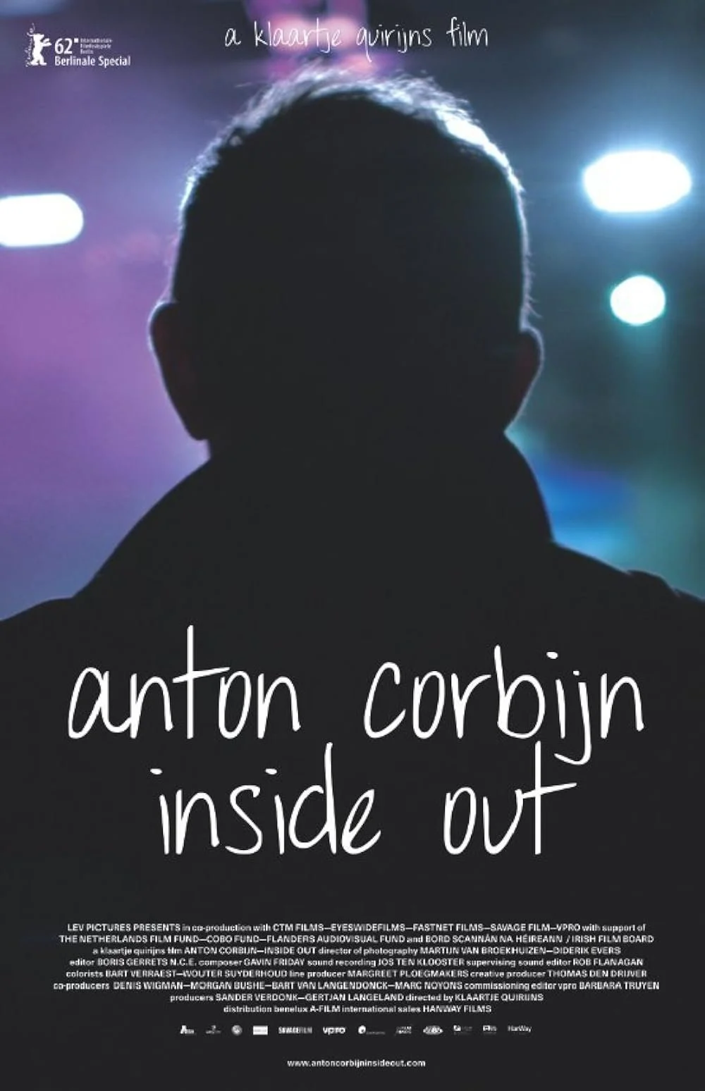 Poster for the film "Anton Corbijn Inside Out" featuring a silhouette of a person's head against a background of colorful lights.