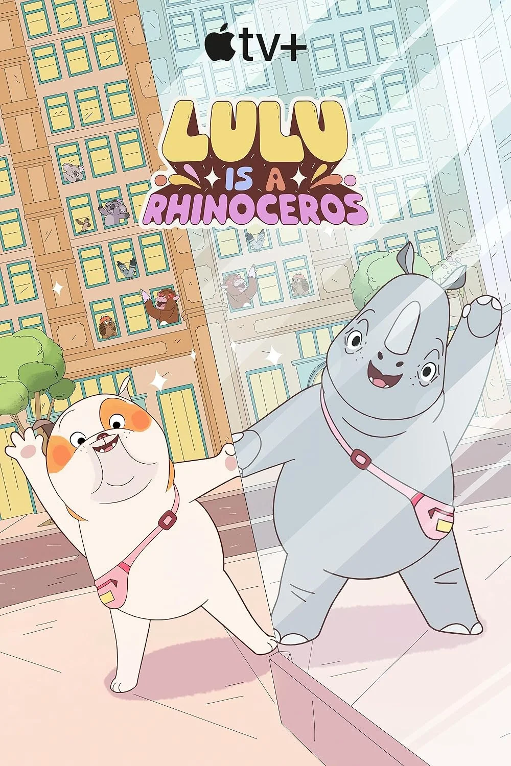 Illustration of two cartoon animals, a dog and a rhinoceros, smiling and waving in front of a city street with tall buildings and trees. The text reads 'Lulu is a Rhinoceros' and there is a rainbow of logo text 'Apple TV+' at the top.