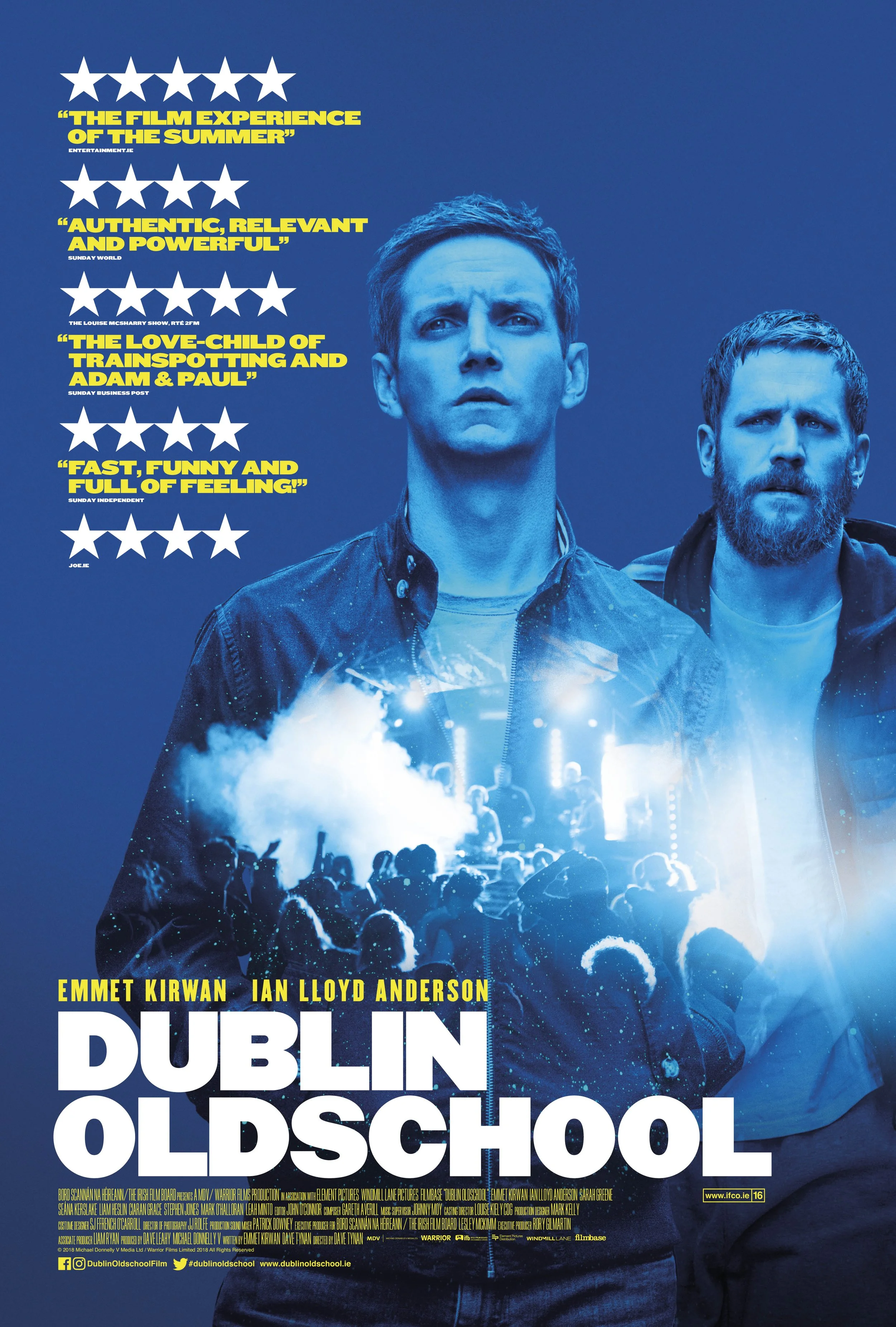 Movie poster for Dublin Oldschool featuring two men against a blue background with concert crowd at the bottom, and quotes rating the film.