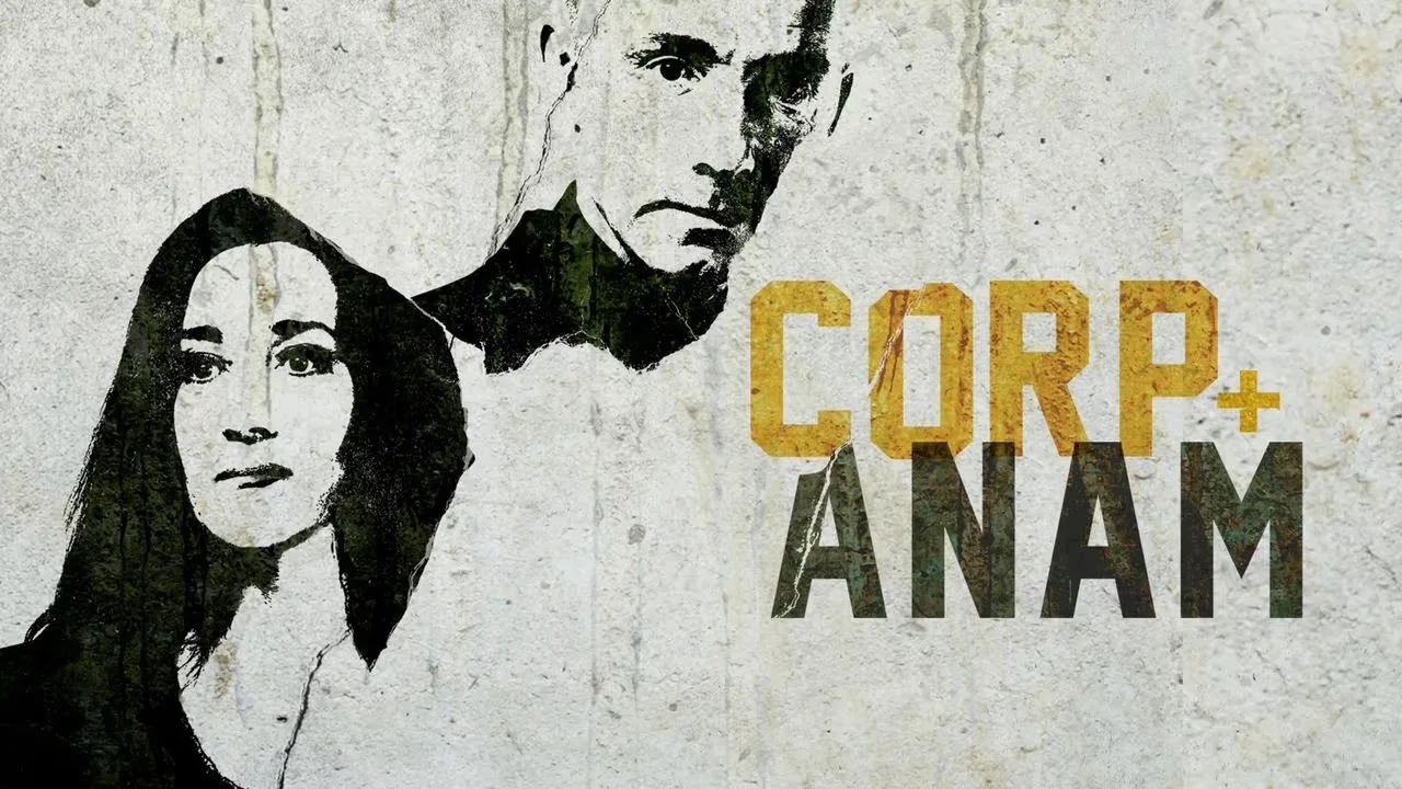 Illustration of a woman and a man with serious expressions, next to the text "CORP+ ANAM" on a textured, grungy background.
