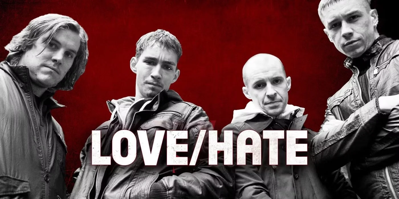 Four men with serious expressions posing against a red and black background, with the word 'LOVE/HATE' in bold white letters across the middle.