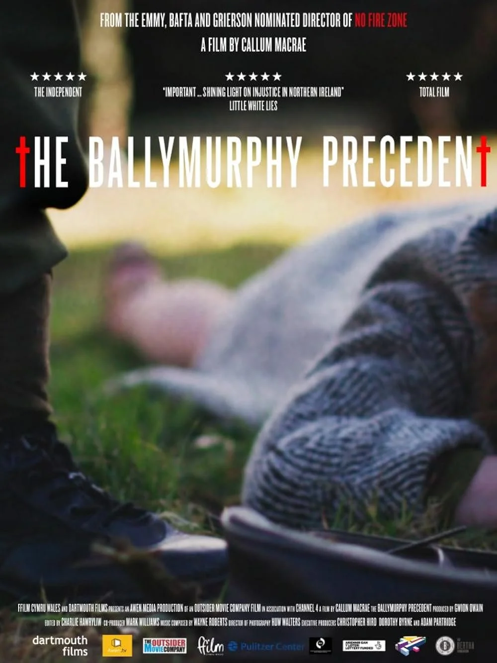 Poster for the documentary film "The Ballymurphy Precedent" showing children playing on grass, with film details and praise quotes at the top.