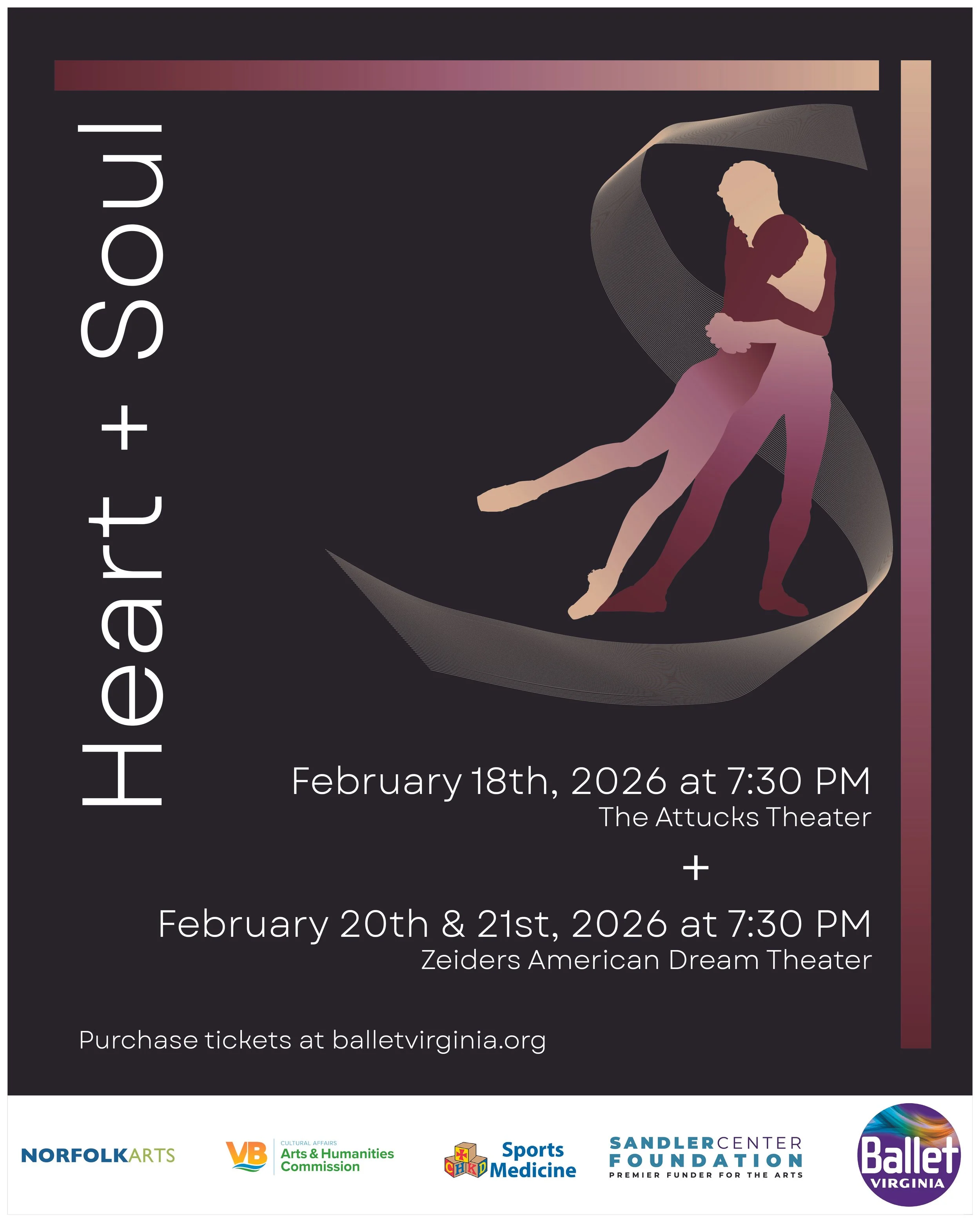 Event poster with dark background and colorful borders, promoting ballet performances in Virginia. The top features a silhouette of a dancer in a pose, with dates and venues: February 18th, 2026 at 7:30 PM at The Attucks Theater; February 20th and 21st, 2026 at 7:30 PM at Zeiders American Dream Theater. Bottom includes logos of Norfolk Arts, VB Arts & Humanities Commission, Sports Medicine, Sandler Center Foundation, and Ballet Virginia, with a note to purchase tickets at balletvirginia.org.