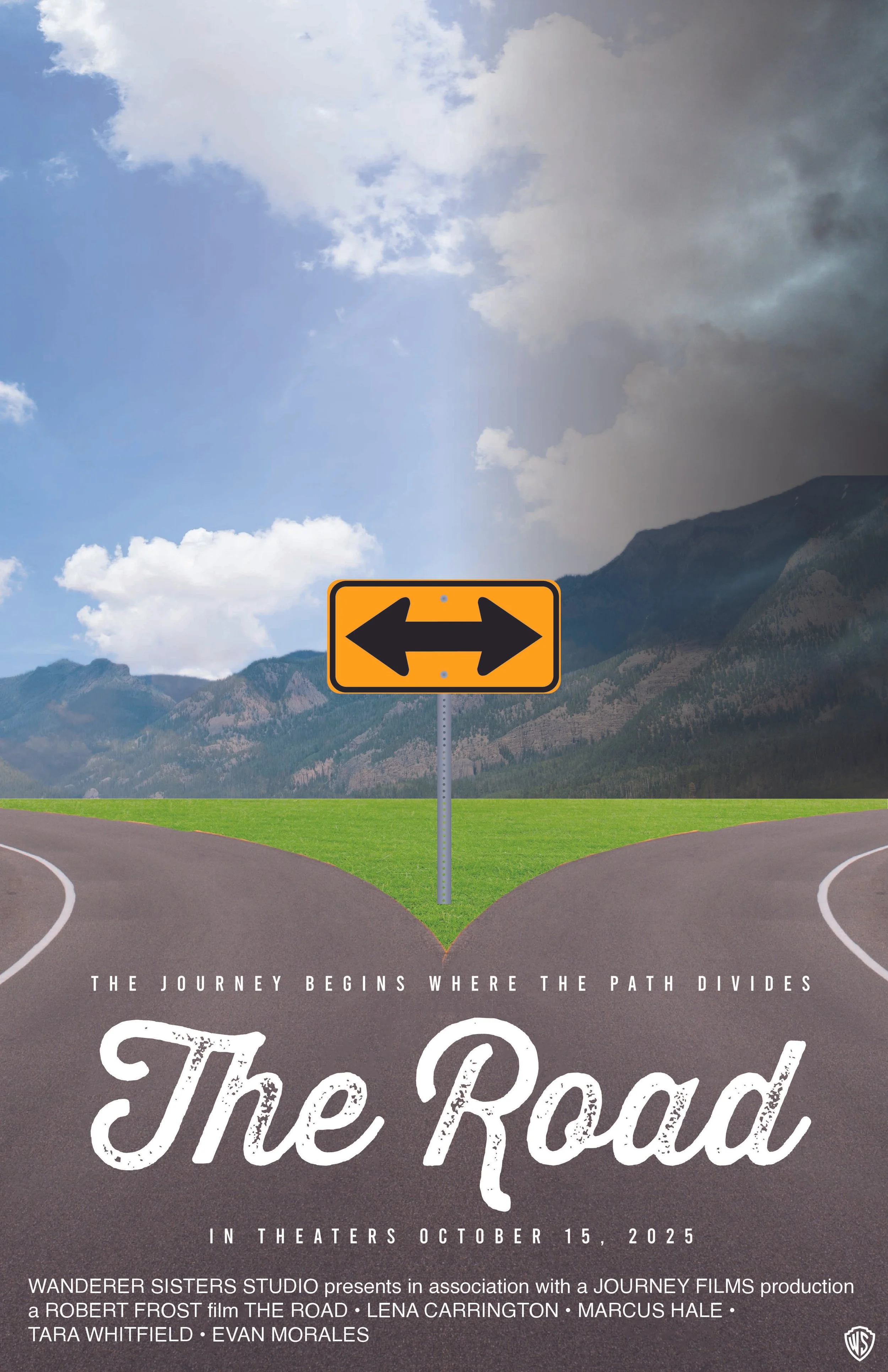 Movie poster for 'The Road' showing a fork in the road with a yellow road sign featuring left and right arrows, mountains in the background, and a sky with mixed clouds. Text at the bottom indicates a release date of October 15, 2025, and credits Wanderer Sisters Studio and Journey Films.