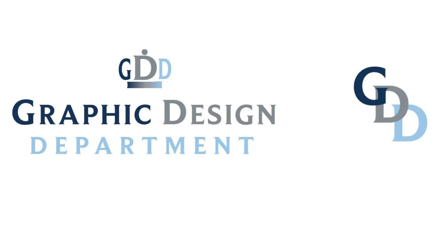 Graphic design department logo with overlapping 'GD' initials in blue and gray, and text 'GRAPHIC DESIGN DEPARTMENT' in blue and gray.