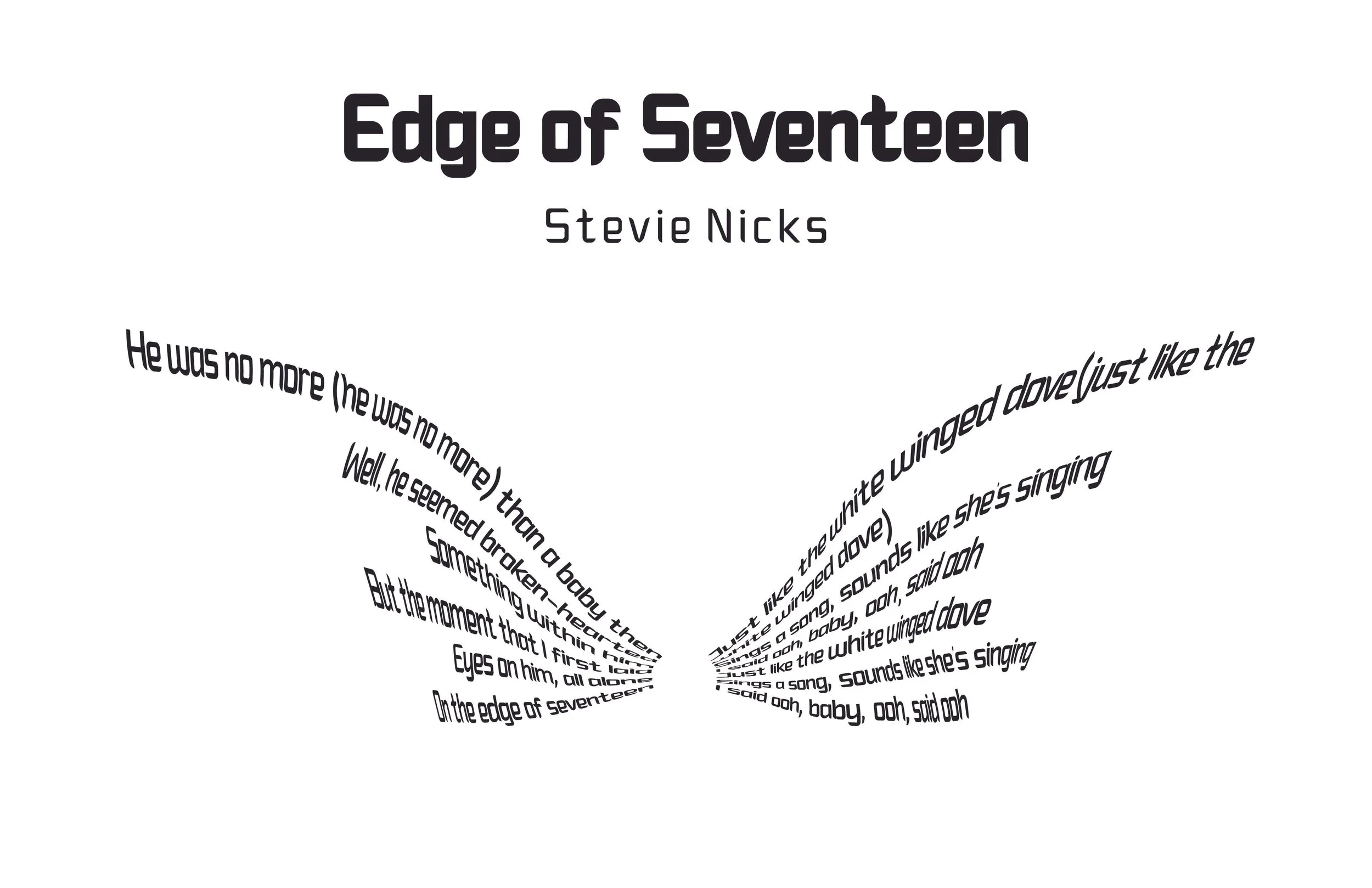 Text in a heart shape with the title 'Edge of Seventeen' by Stevie Nicks and the lyrics surrounding it.