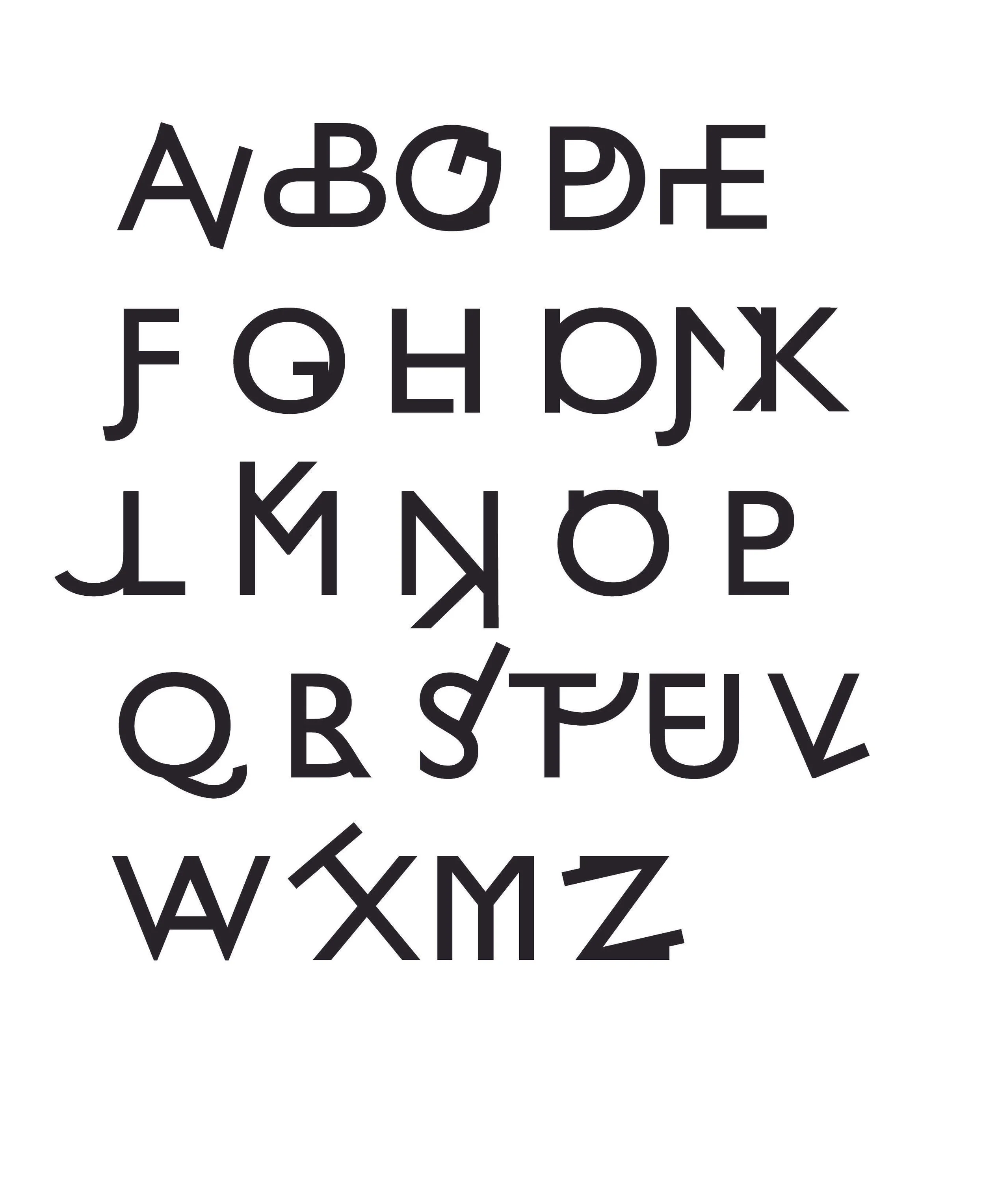 Letters of the alphabet in uppercase, each letter rotated and distorted in various ways, layout in five lines, black on white background.