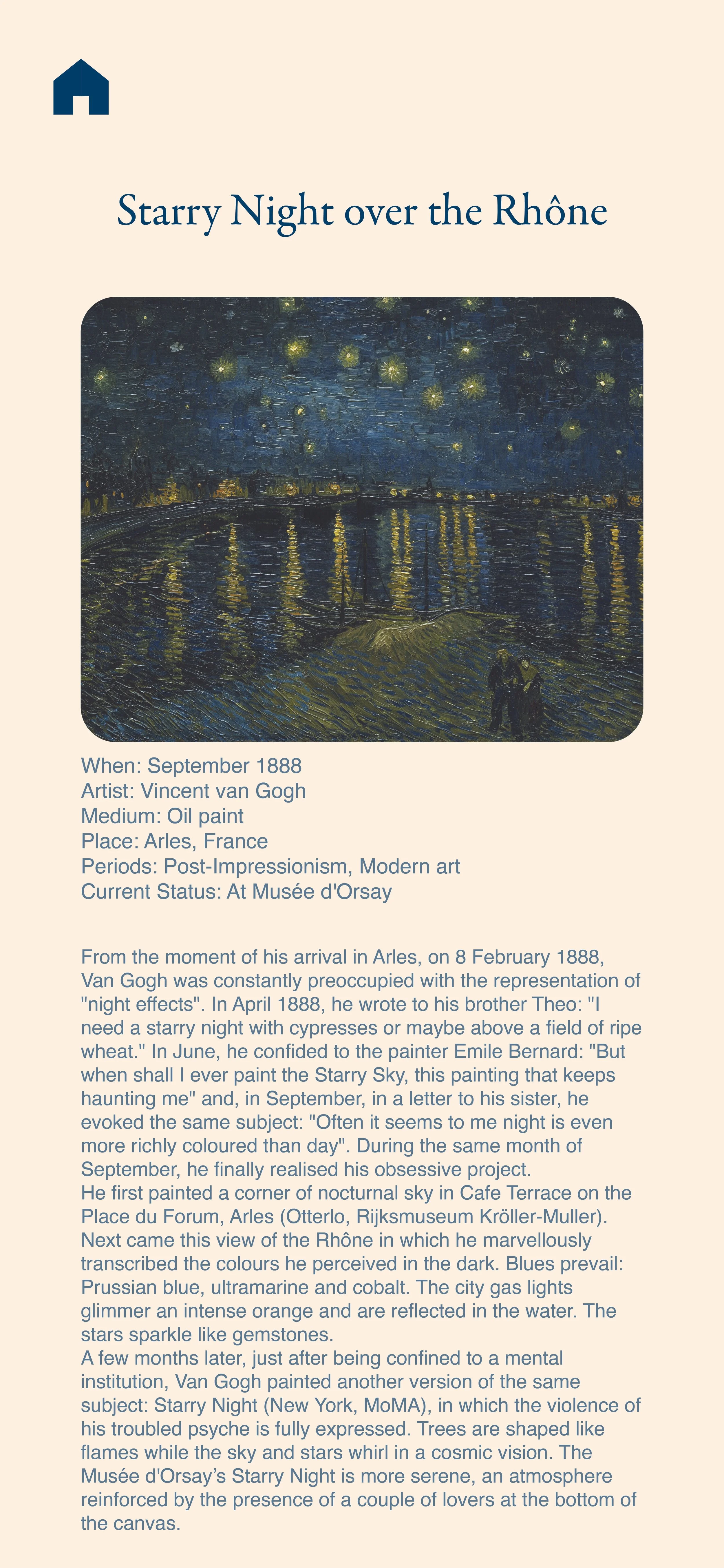 Postcard of Vincent van Gogh's painting 'Starry Night over the Rhône,' depicting a starry night sky over the river with city lights reflected in the water.