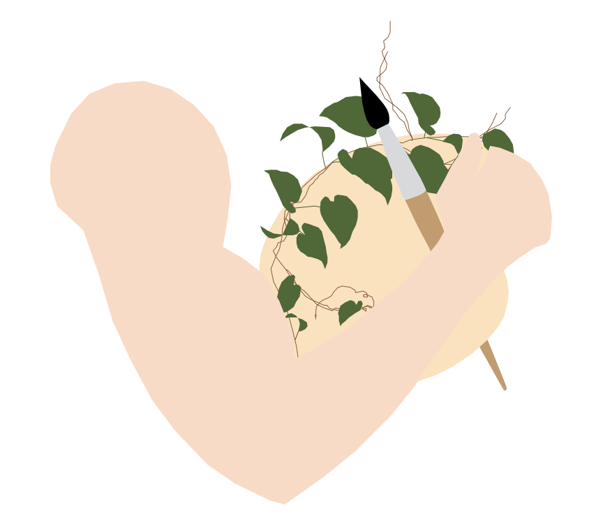 An illustration of a heart-shaped outline with a person planting or tending to a cactus or succulent plant using a small gardening tool.