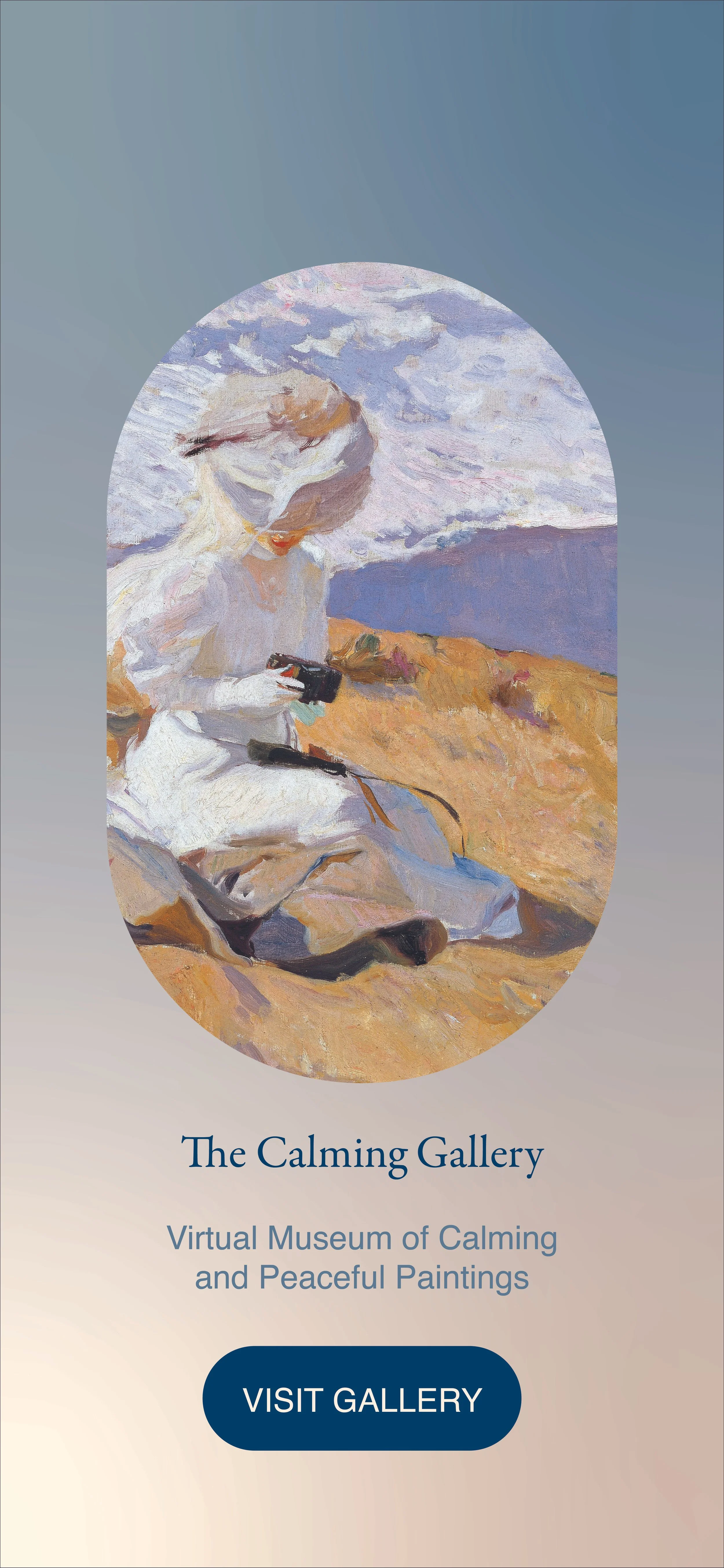 A woman sitting outdoors on a grassy hilltop, holding a camera, with mountains and a cloudy sky in the background. The image is part of a virtual museum called 'The Calming Gallery.'