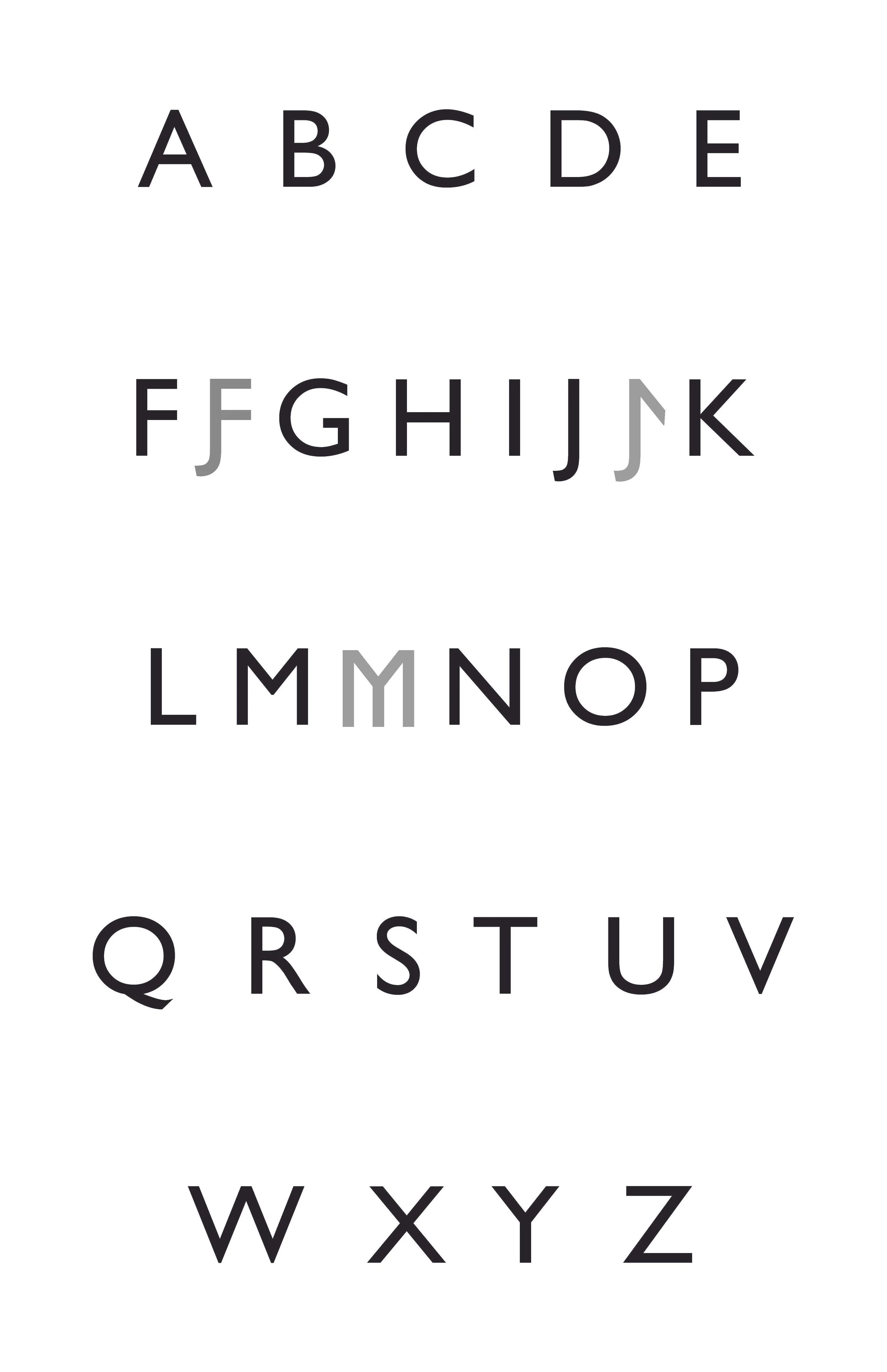 Alphabet chart with uppercase and lowercase letters from A to Z in black and gray on a white background.