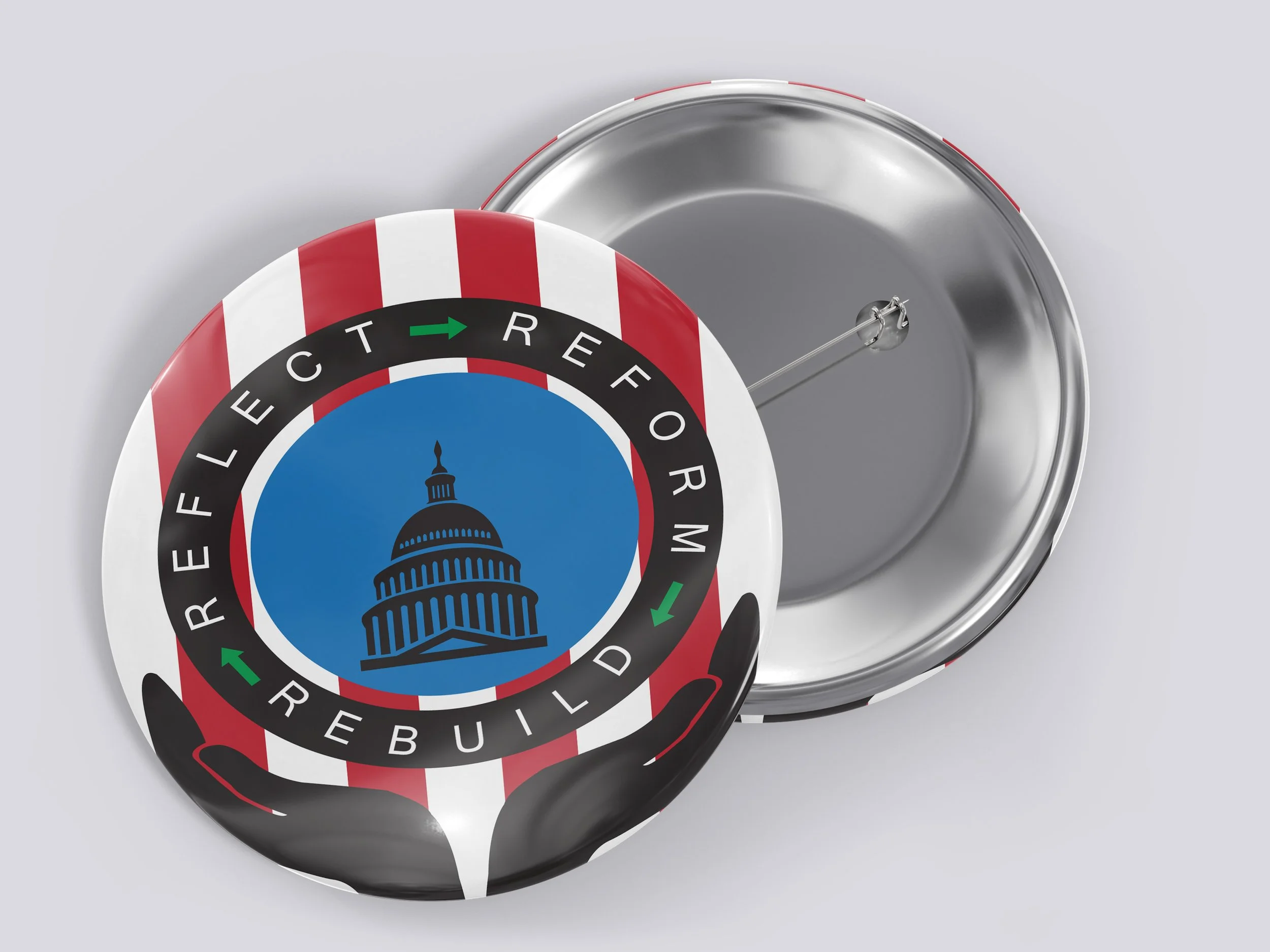 A pin with a circular design featuring red and white stripes, an illustration of the Capitol building, and the words "Rebuild" and "Reform" around the edge.