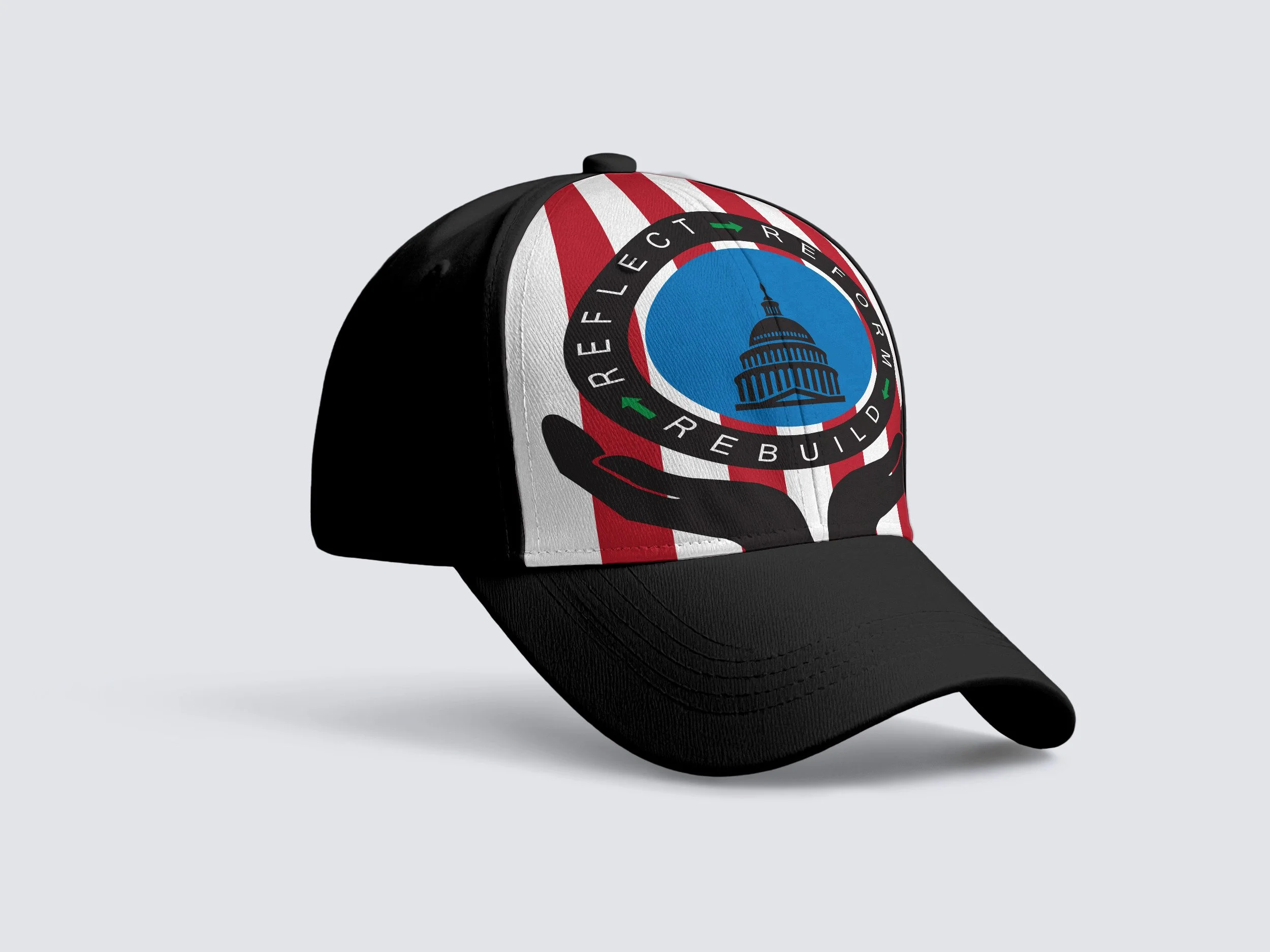A black baseball cap with a circular emblem featuring the Capitol building silhouette, surrounded by red, white, and blue colors and the words "ReElect" and "Rebuild".