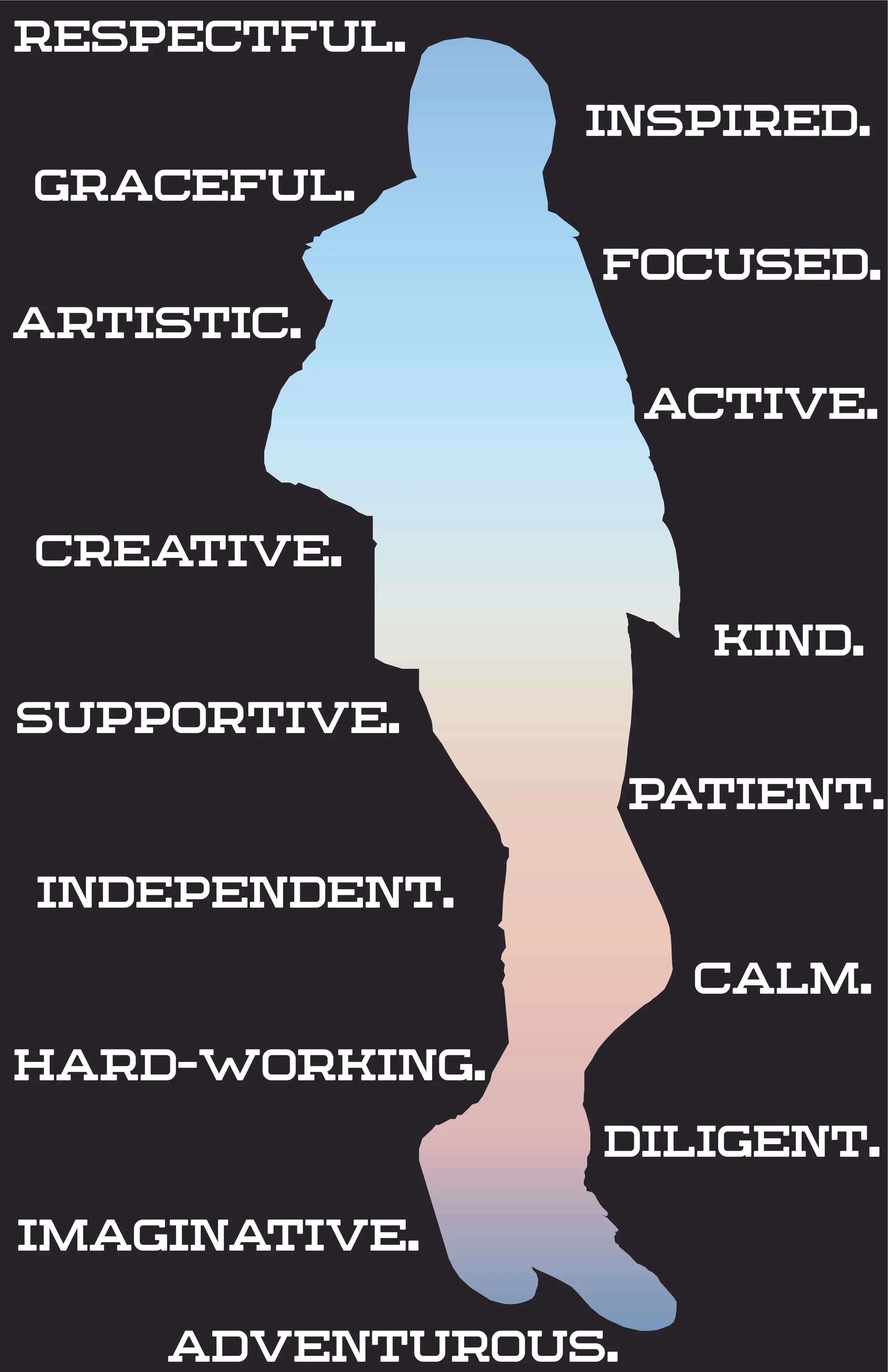 Silhouette of a person's profile filled with words describing personality traits, such as respectful, inspired, graceful, focused, artistic, active, creative, kind, supportive, patient, independent, calm, hardworking, diligent, imaginative, adventurous.