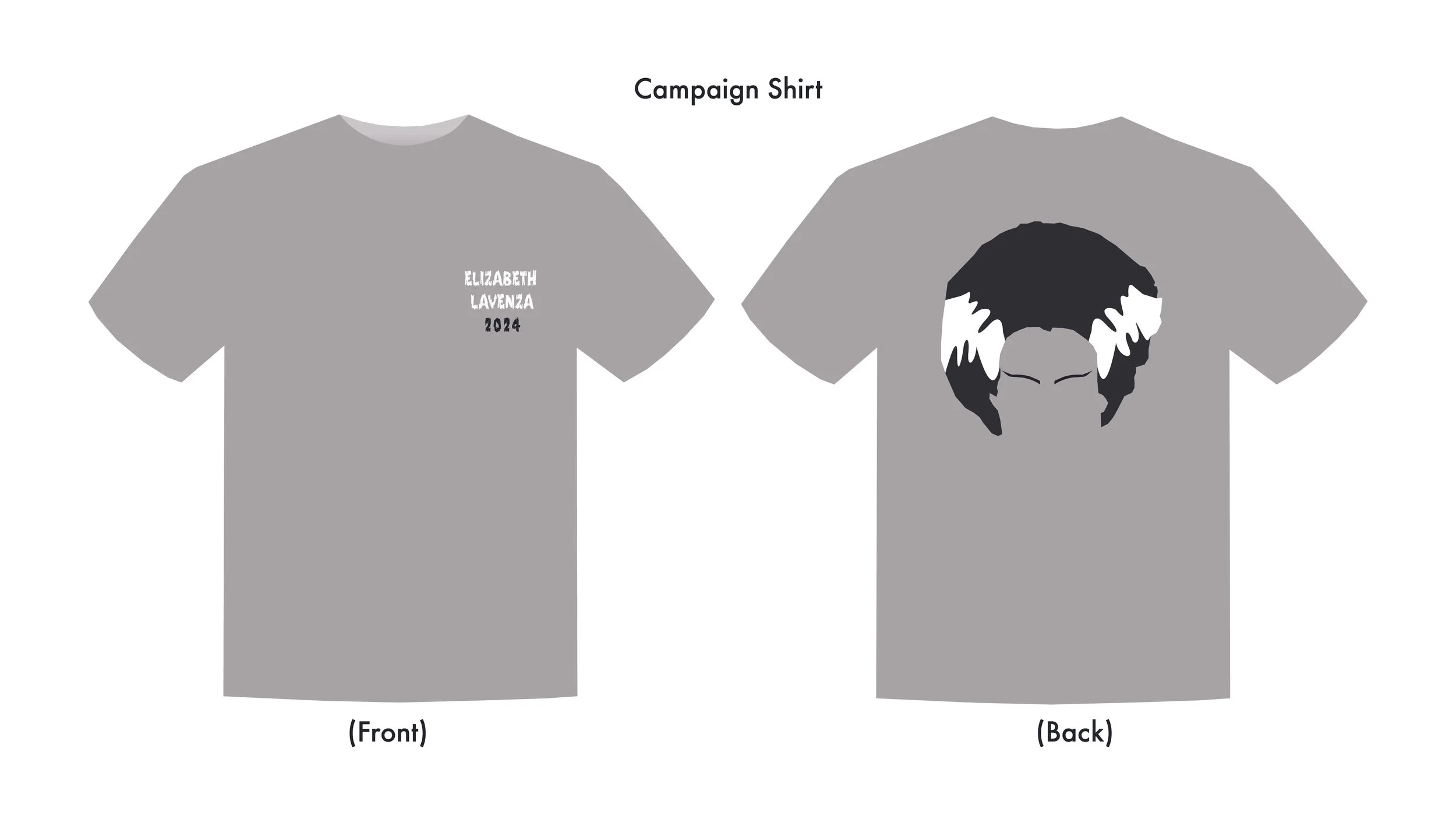 Gray campaign T-shirt with front and back views. The front of the shirt has the text "Elizabeth Lavenza 2024" and the back features a stylized portrait of a woman with dark hair and white highlights.
