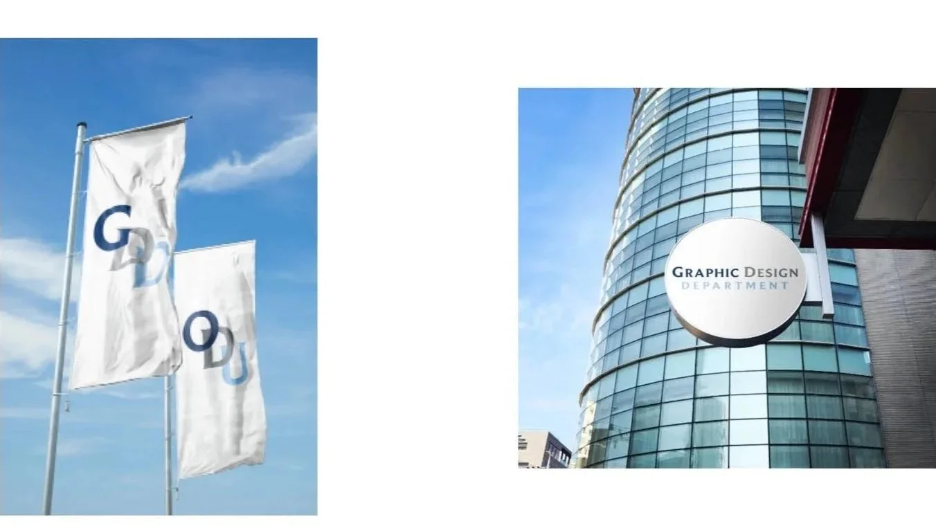 Photos of modern buildings with flags and a sign for a graphic design department.