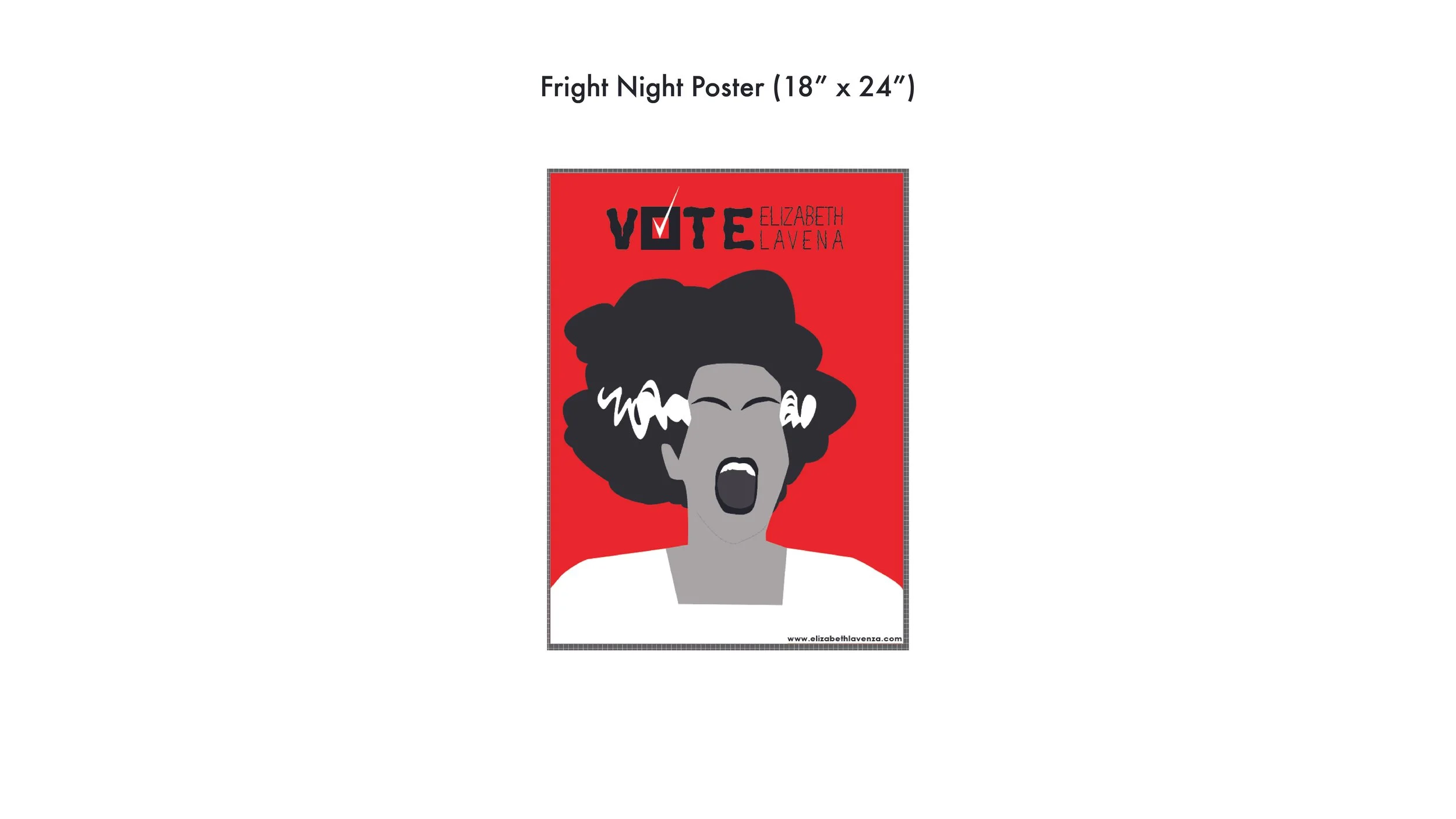A poster with a red background features a stylized black and white illustration of a woman with an afro hairstyle, her mouth open in a scream. The text says 'VOTE ELIZABETH LAVENA' with a check mark inside the letter 'O' in 'VOTE'. The poster also includes a website URL at the bottom.