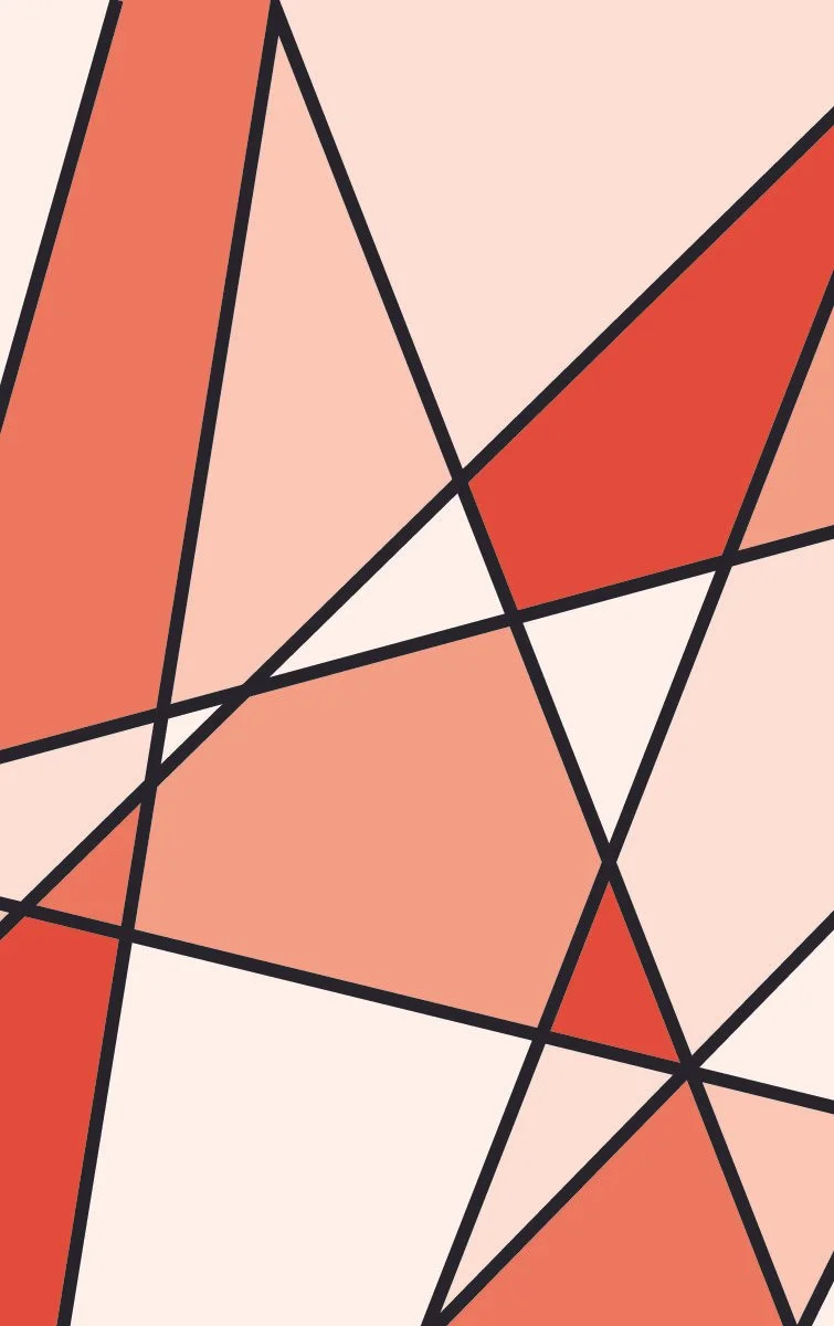 Abstract geometric artwork with intersecting lines and polygons in shades of red, pink, and beige, outlined in black.