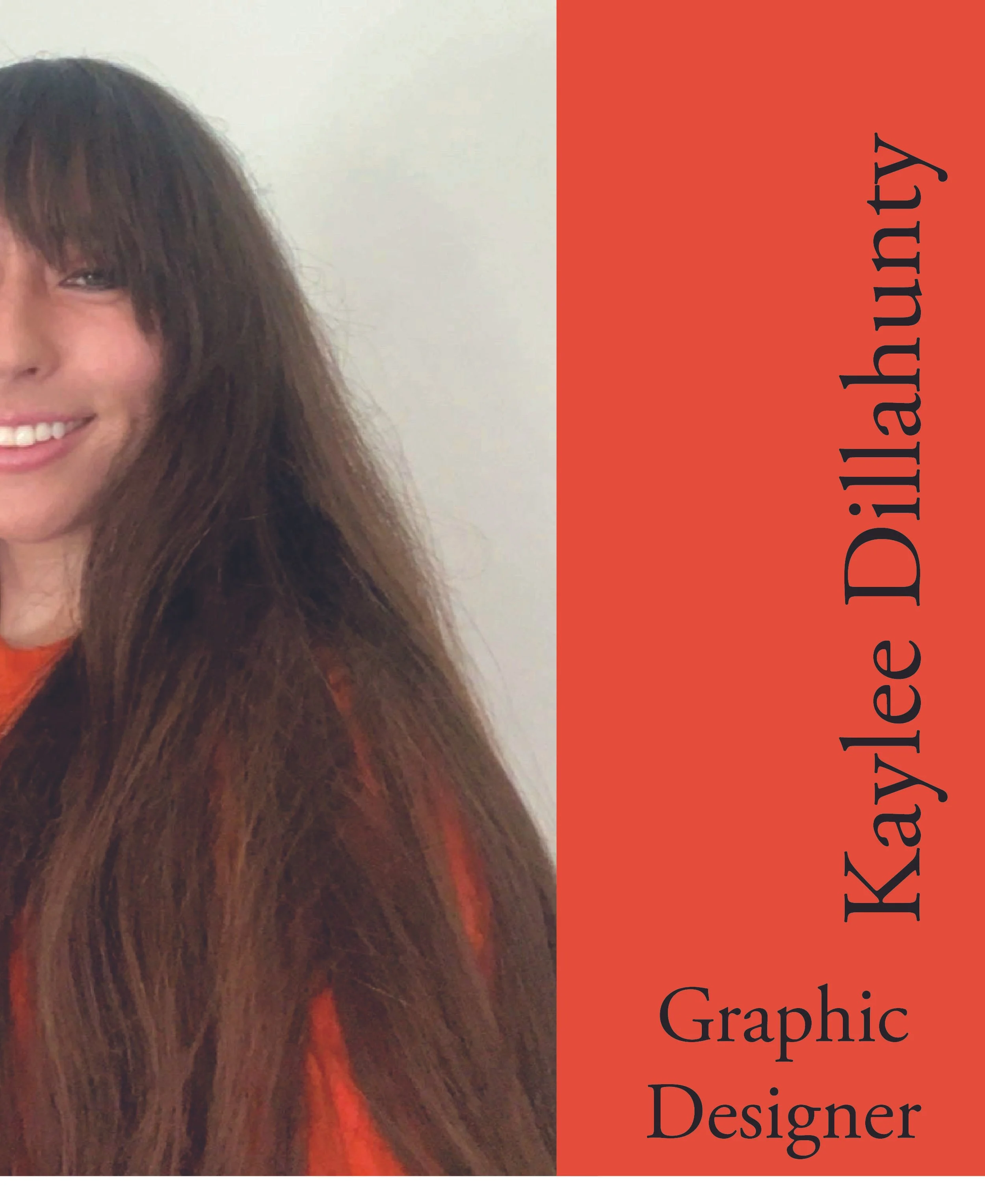 A close-up of a woman with long brown hair and a partial smile, with a red and white graphic overlay on the right side that reads: "Kayla Laureen, Graphic Designer".