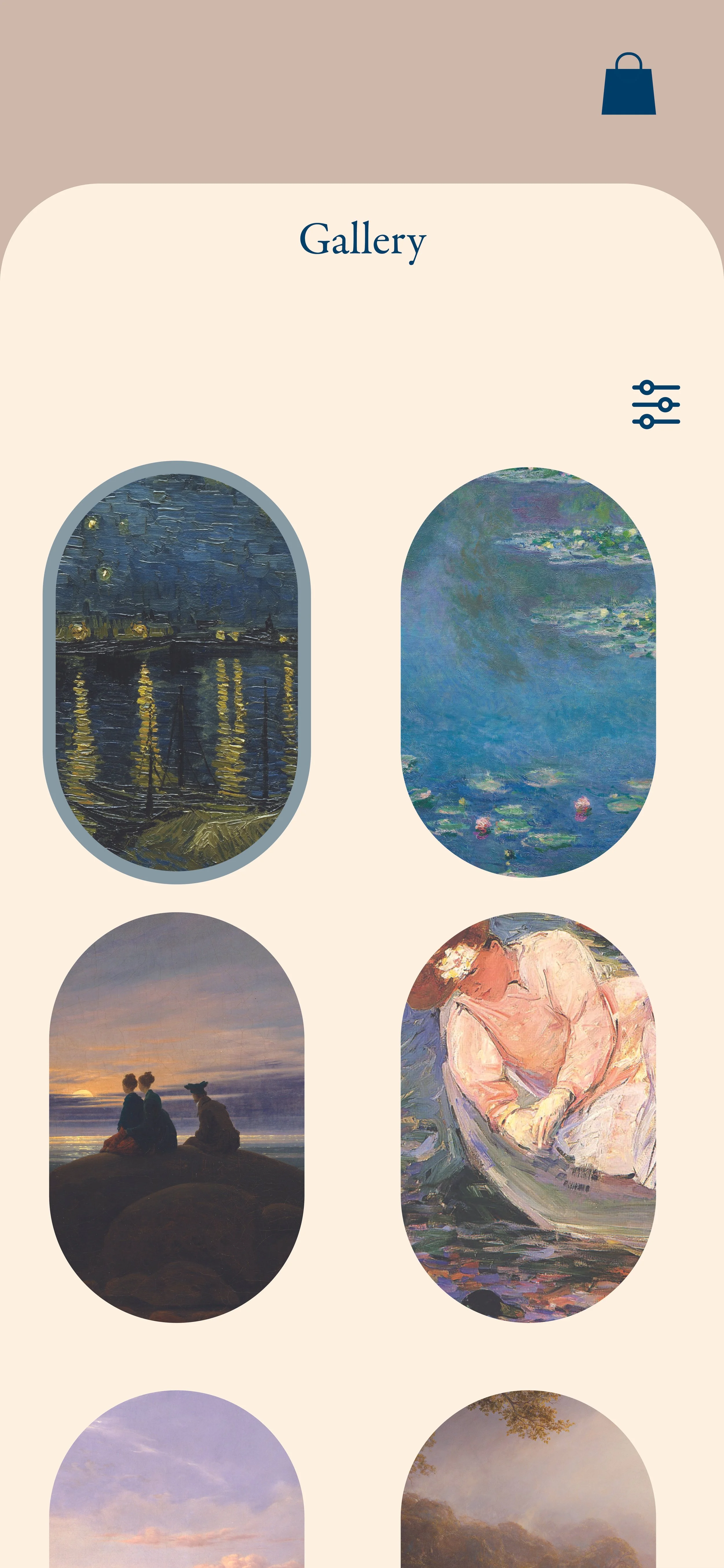 Screenshot of a gallery app displaying six paintings, including Monet's water lilies and other landscape and impressionist artworks.