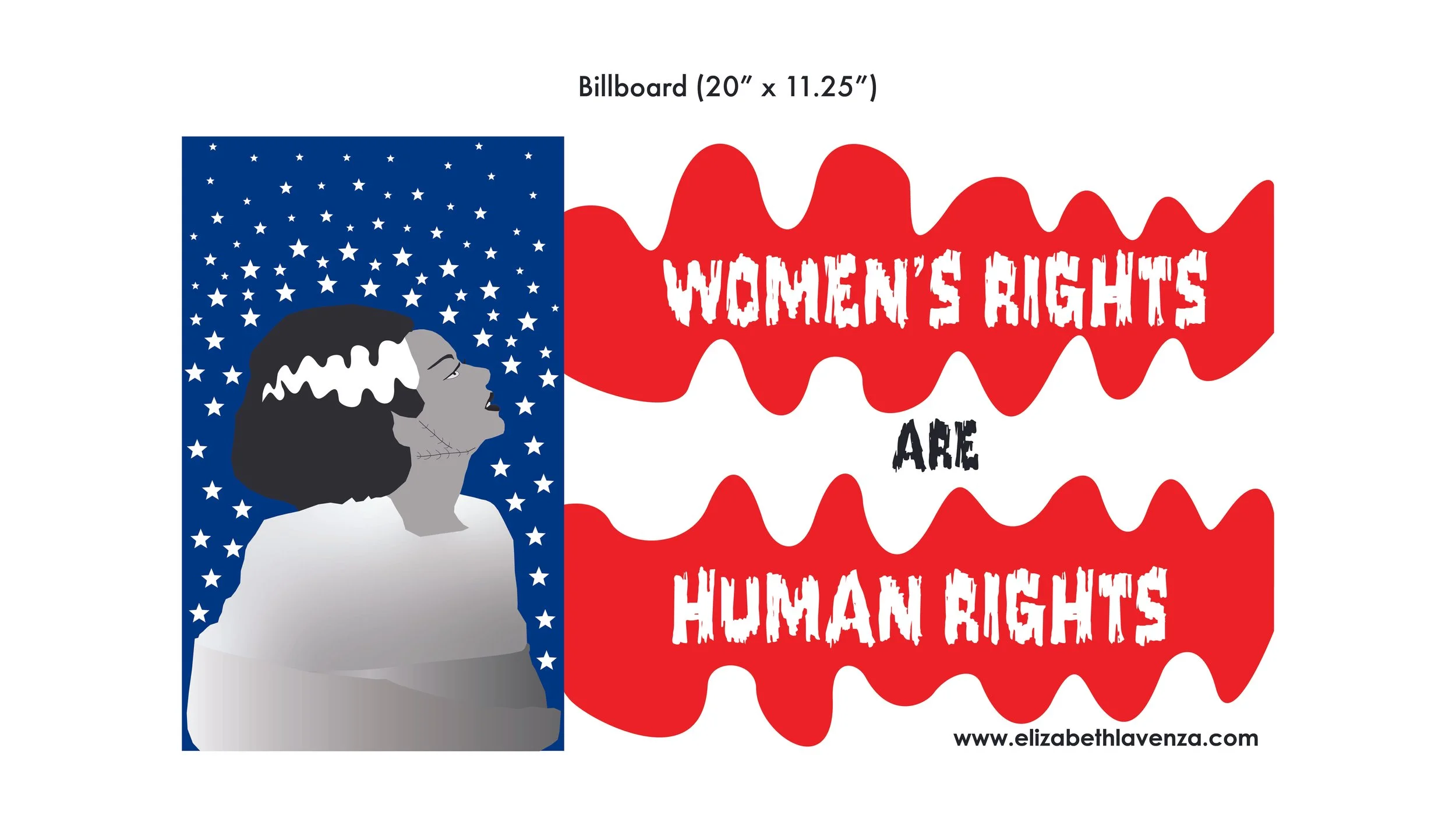 Illustration of a woman's profile with a black hairstyle and gray skin, set against a background of white stars on a dark blue field. To the right, a red wavy banner with white text reads 'WOMEN'S RIGHTS ARE HUMAN RIGHTS.' The website 'www.elizabethlavenza.com' is at the bottom.
